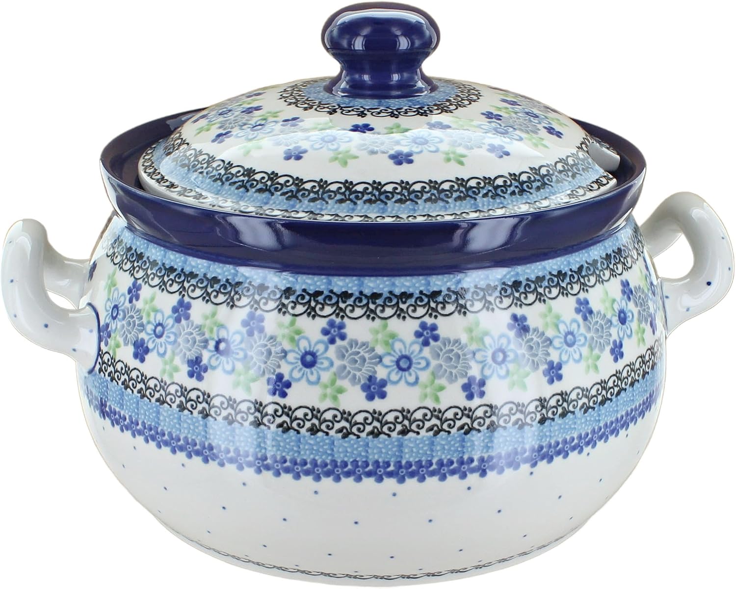 Blue Rose Polish Pottery - Blue Sapphire Fields Soup Tureen - 15 Cup Capacity - Hand-Painted Polish Pottery Serving Bowl with Lid
