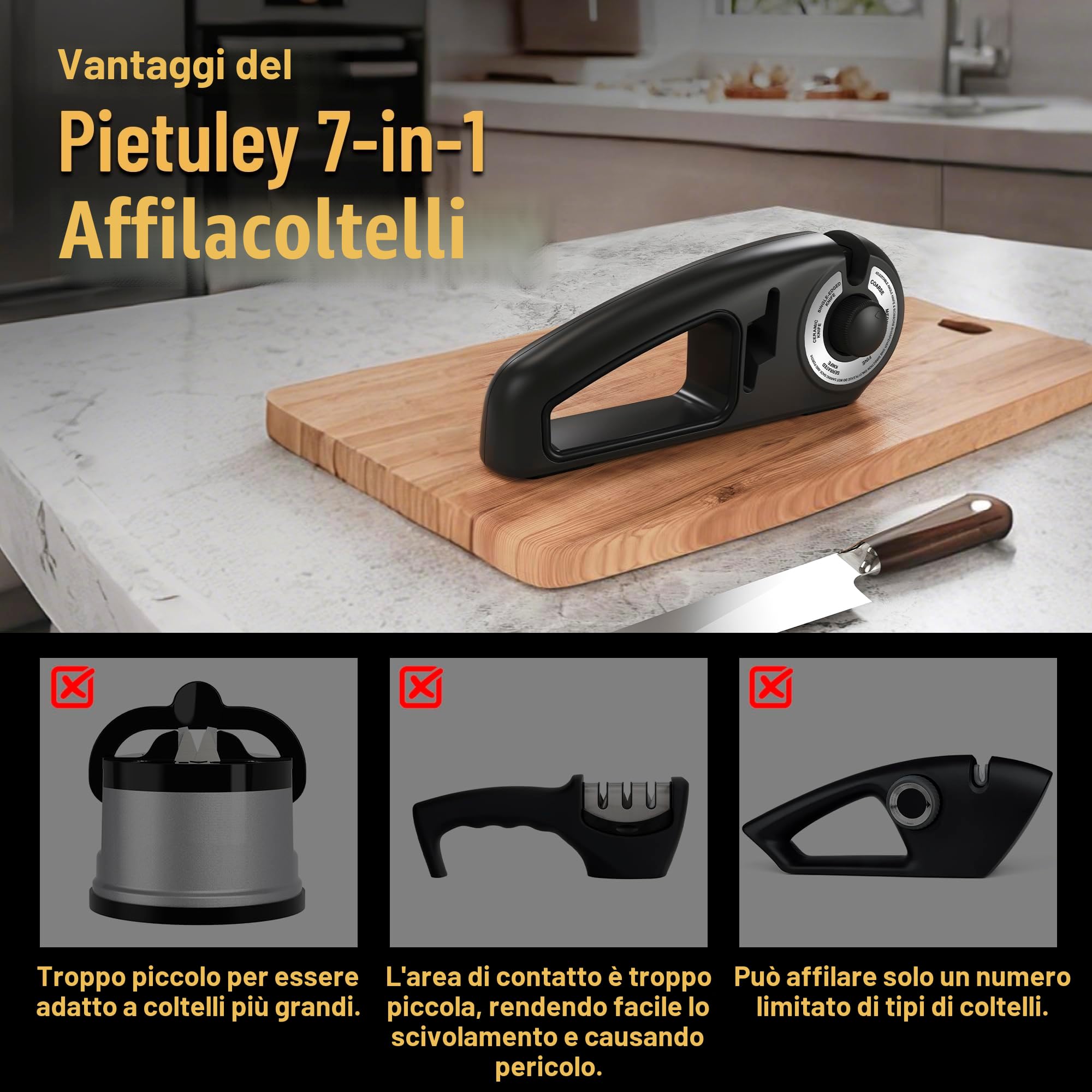 Pietuley Affilacoltelli Professionale 7 in 1, Affila Coltelli da Cucina, Affilatore per Coltelli, Knife Sharpener, Seghettati Ceramici Affila Forbici, Affilacoltelli Manuale, Affilatrice Coltelli