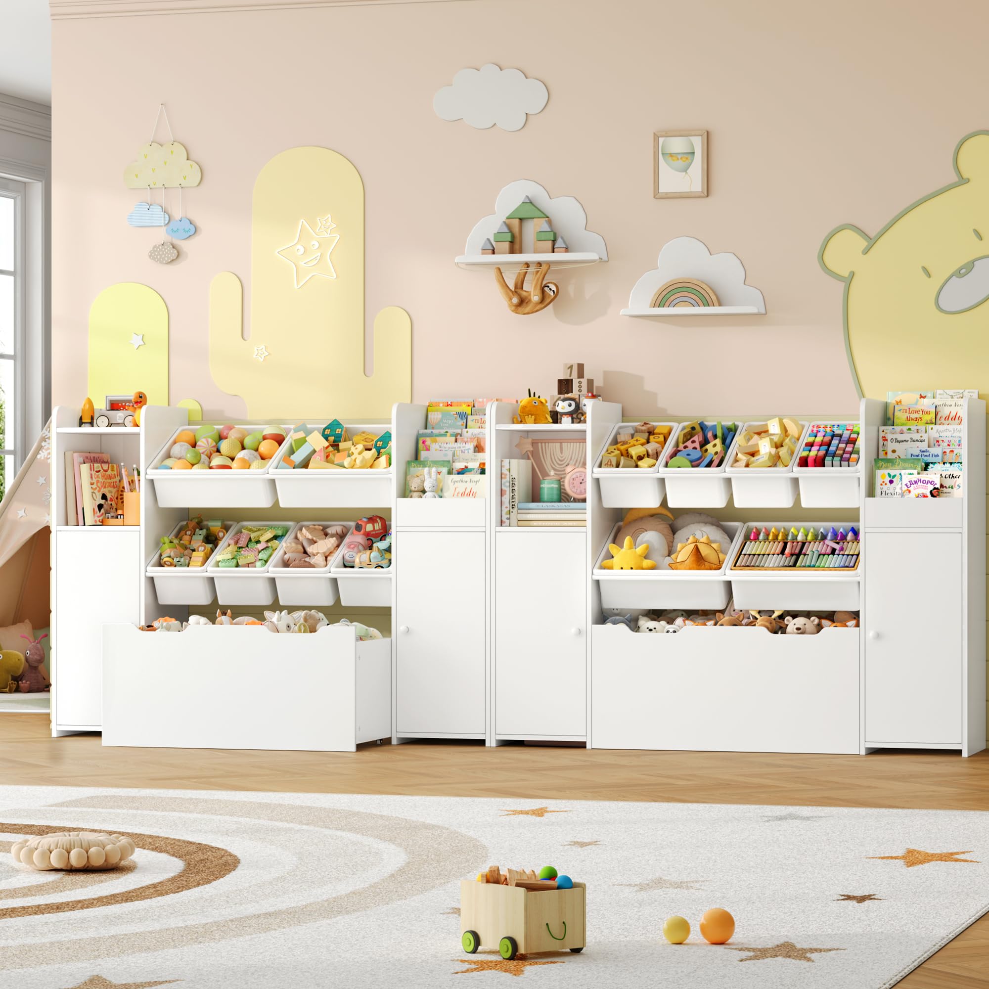 FOREHILL Organizer Giocattoli, Porta Giochi Bambini con 6 Scatole Contenitori, Mobile Porta Giochi con Portariviste, 1 Cassetto Grande con Ruote, per Cameretta e Sale Giochi, 138x30x94 cm (Bianco)