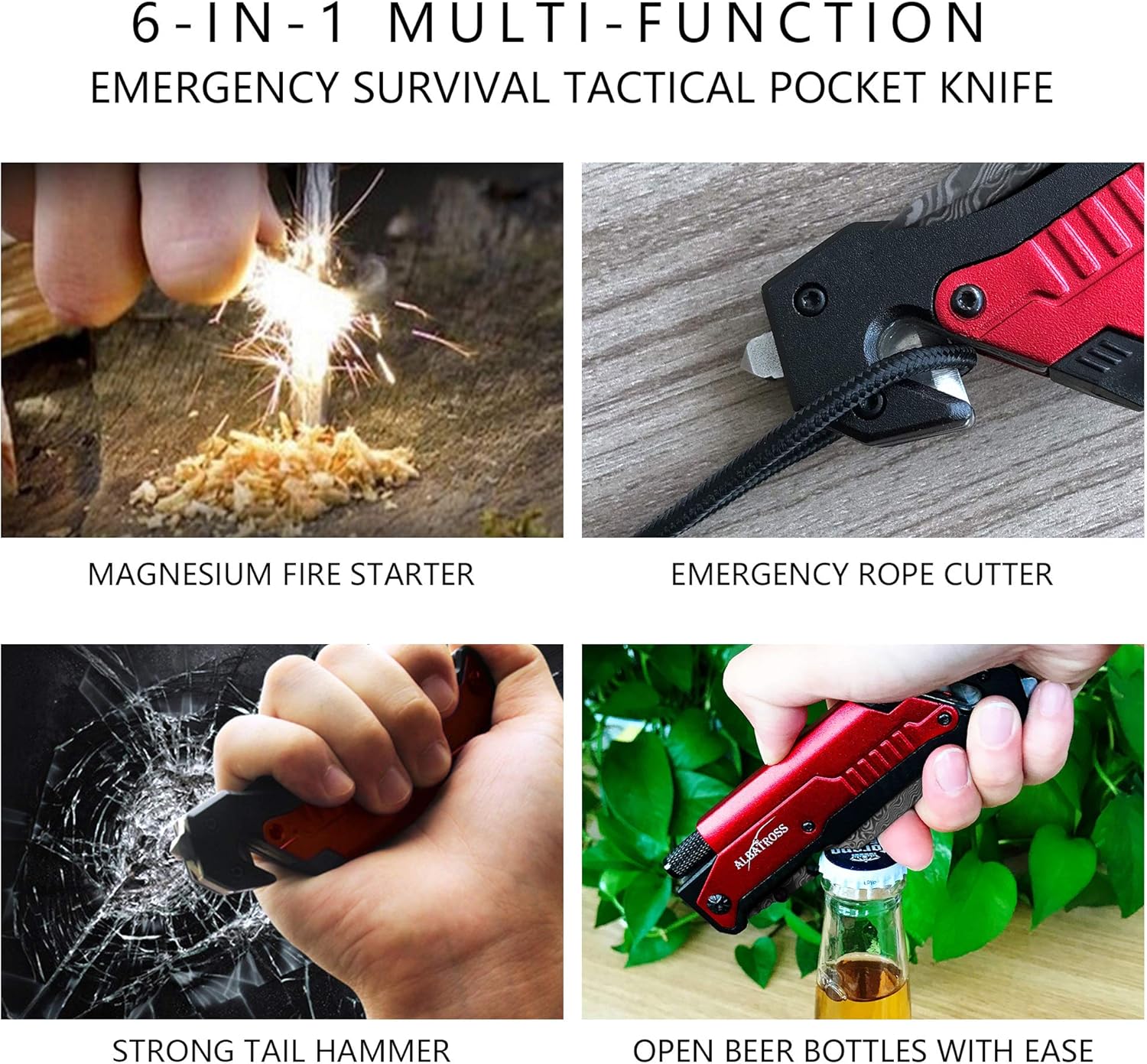 ALBATROSS 6-in-1 Modern Damascus Steel Folding Pocket Knives with LED Light,Seatbelt Cutter,Glass Breaker,Magnesium Fire Starter,Bottle Opener;Multi-Function Emergency Tool(Red-DA)