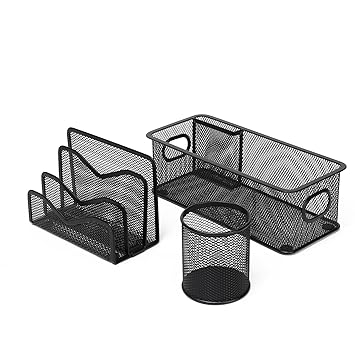 Neomate 3-Piece Metal Mesh Desk Organizer Set | Includes Letter/Document Holder, Pen Holder, and Multi-Purpose Storage Tray | Durable Stationery Storage for Home & Office | Black - image, photos
