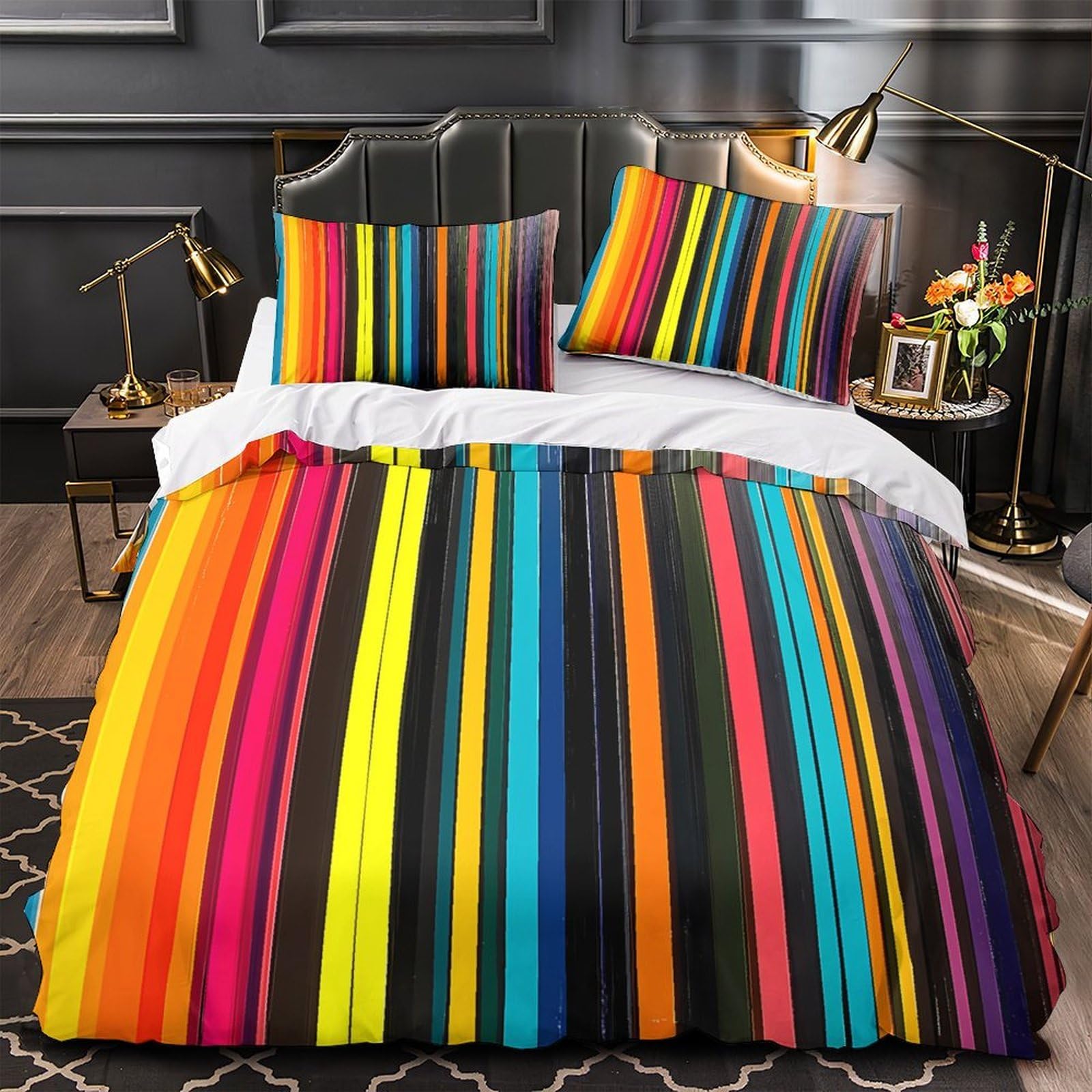 Parure de lit 3d rayures colorées en microfibre 140x200 cm pour lit simple