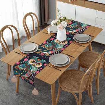 Anime Owl Print Christmas Table Runner Linen with Tassel Table Cloth Long Table Linens for Dining Table Decorations 14x60in, Khaki