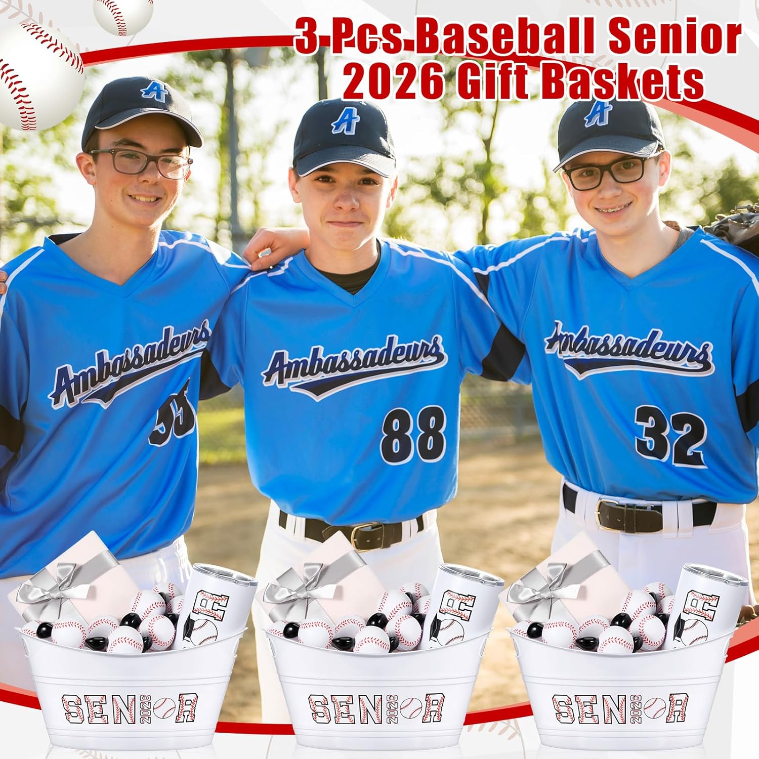 Pickmesh 6 Pcs Senior Night Sport Gift Basket, 2026 Graduation Gift Basket, 4.5L Plastic Sport Theme Oval Storage Tub for 2026 Senior Night Decor Party Favors(Baseball)