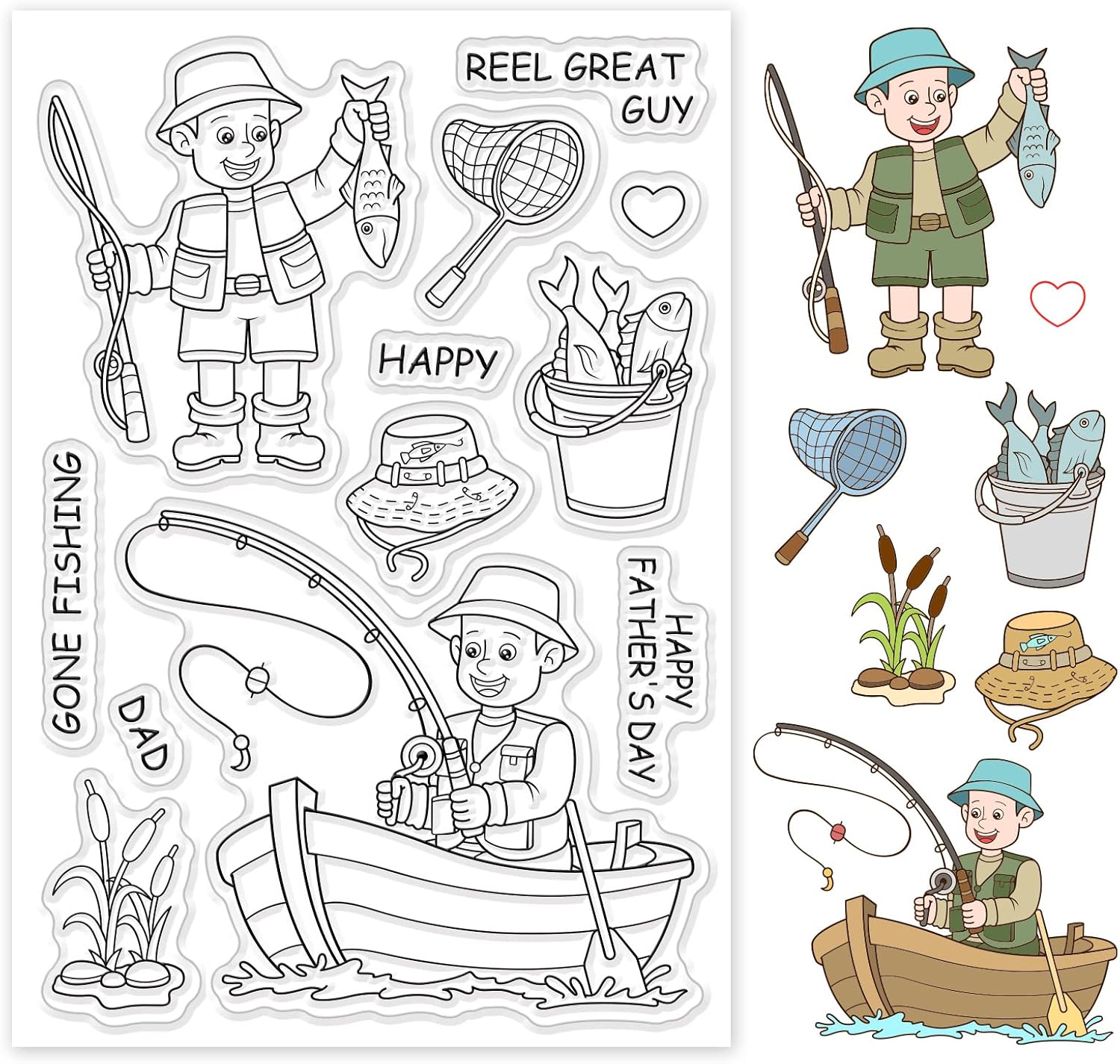 PH PandaHall Fishing Pattern Clear Stamps, Hat/Boat/Fish/Men/Flower/Happy Father's Day Transparent Rubber Stamps for Scrapbooking Card Making Decoration Photo Card Album Crafting Supplies