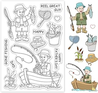 PH PandaHall Fishing Pattern Clear Stamps, Hat/Boat/Fish/Men/Flower/Happy Father's Day Transparent Rubber Stamps for Scrapbooking Card Making Decoration Photo Card Album Crafting Supplies
