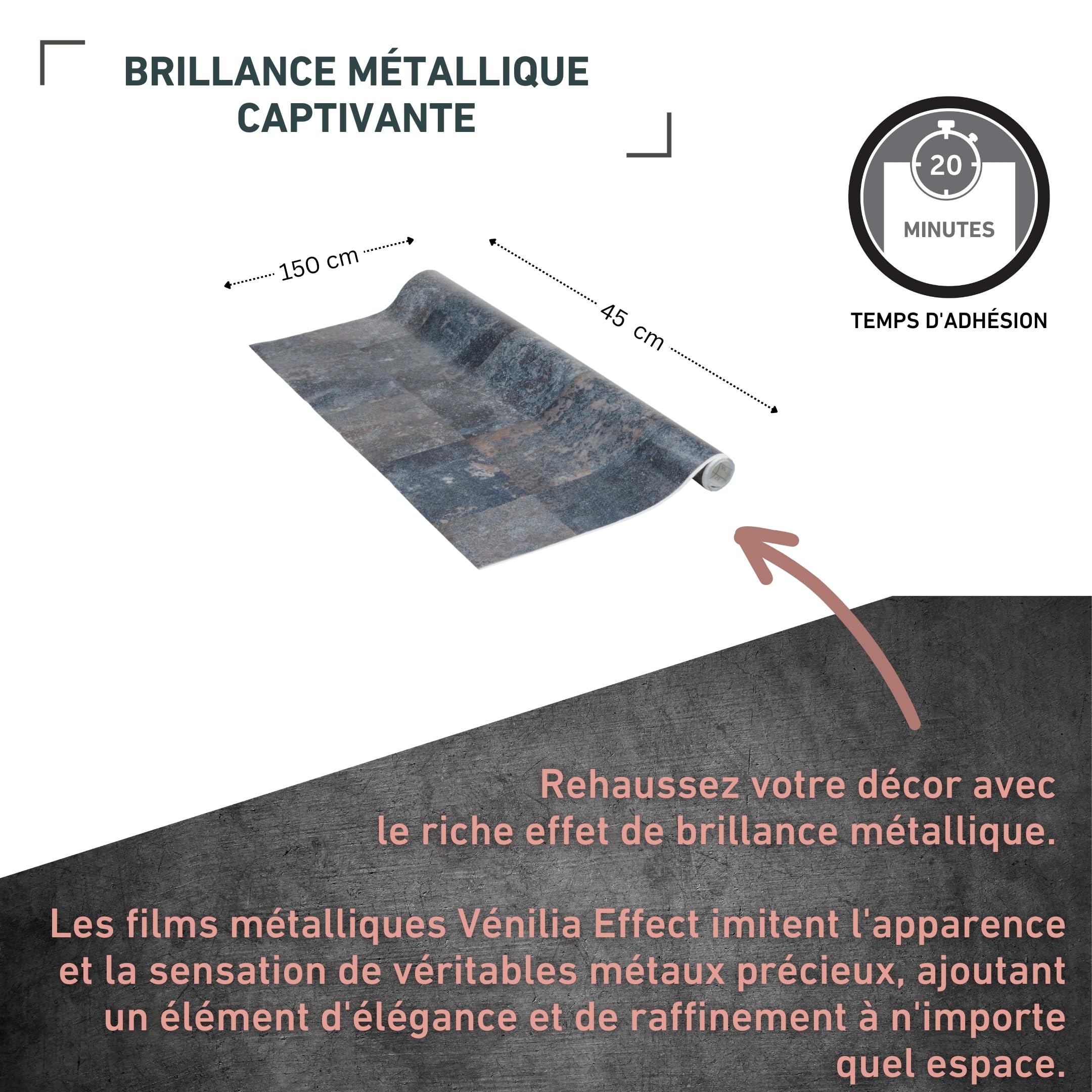 Papier Adhésif Alu Brossé Vénilia - 45x150cm, PVC 120μ, Effet Métal Pour Meubles Et Cuisine
