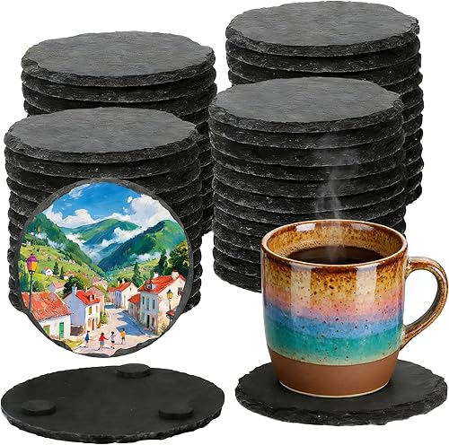 Miniatura 15 de 48 posavasos de pizarra a granel, posavasos de piedra de pizarra negra de 4 pulgadas para oficina, decoración del hogar, grabado láser en blanco con