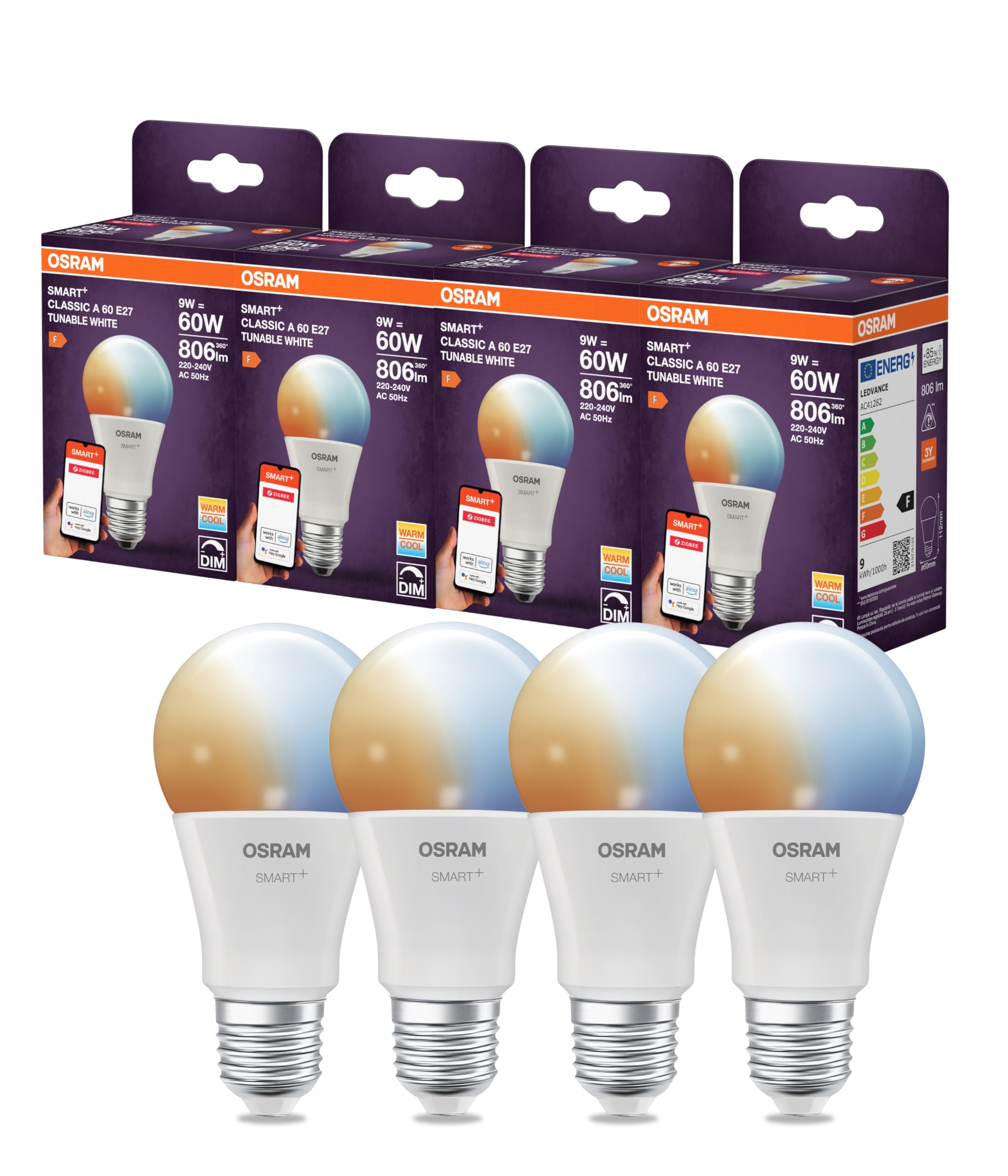 Osram SMART LED Lampe A60 Kolbenform E27, 9W ZigBee 3.0, Tunable White 2700-6500K, dimmbar, Alexa, Google Assistant