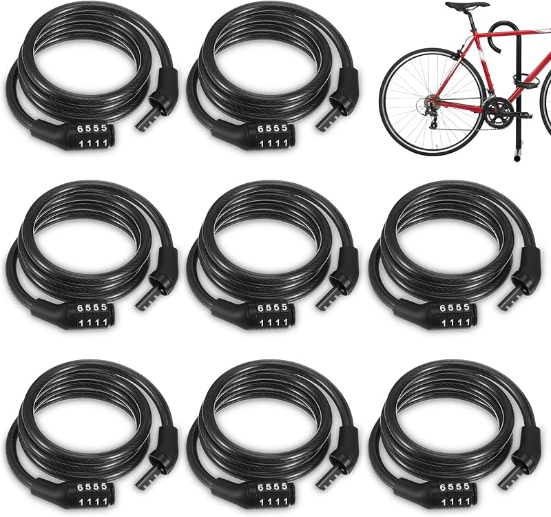 8 Pcs Bike Lock Cable with Combination, 3.28 FT Vinyl Covered Preset Bicycle Lock, 4 Digit Anti Theft Cable for Scooter, Gate, Sports Equipment