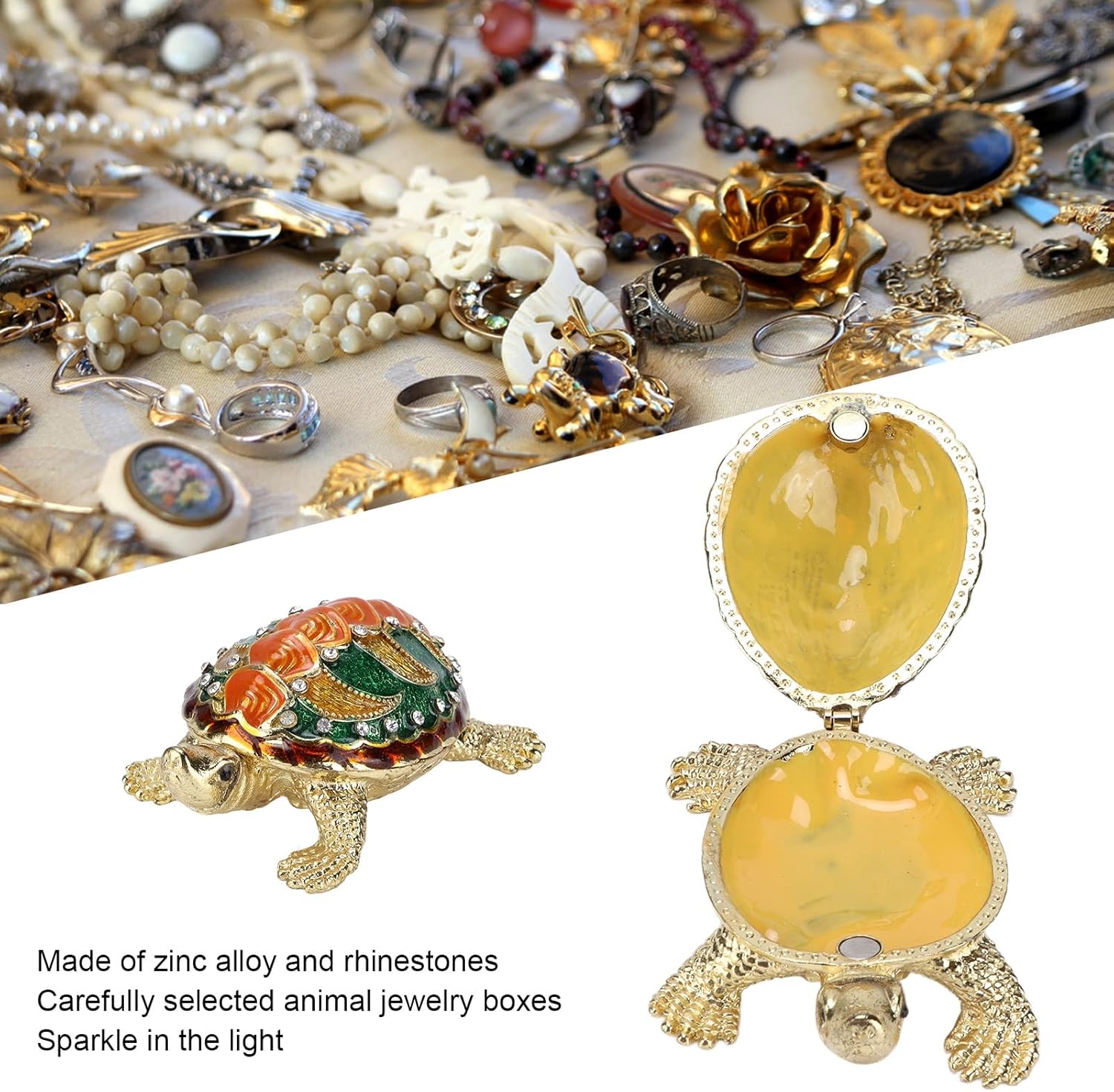 Pssopp Enamel Trinket Box, Turtle Trinket Box with Painted Electroplated Rhinestone Jewelry Organizer Container Metal Enamel Jewelry Box for Home Decor
