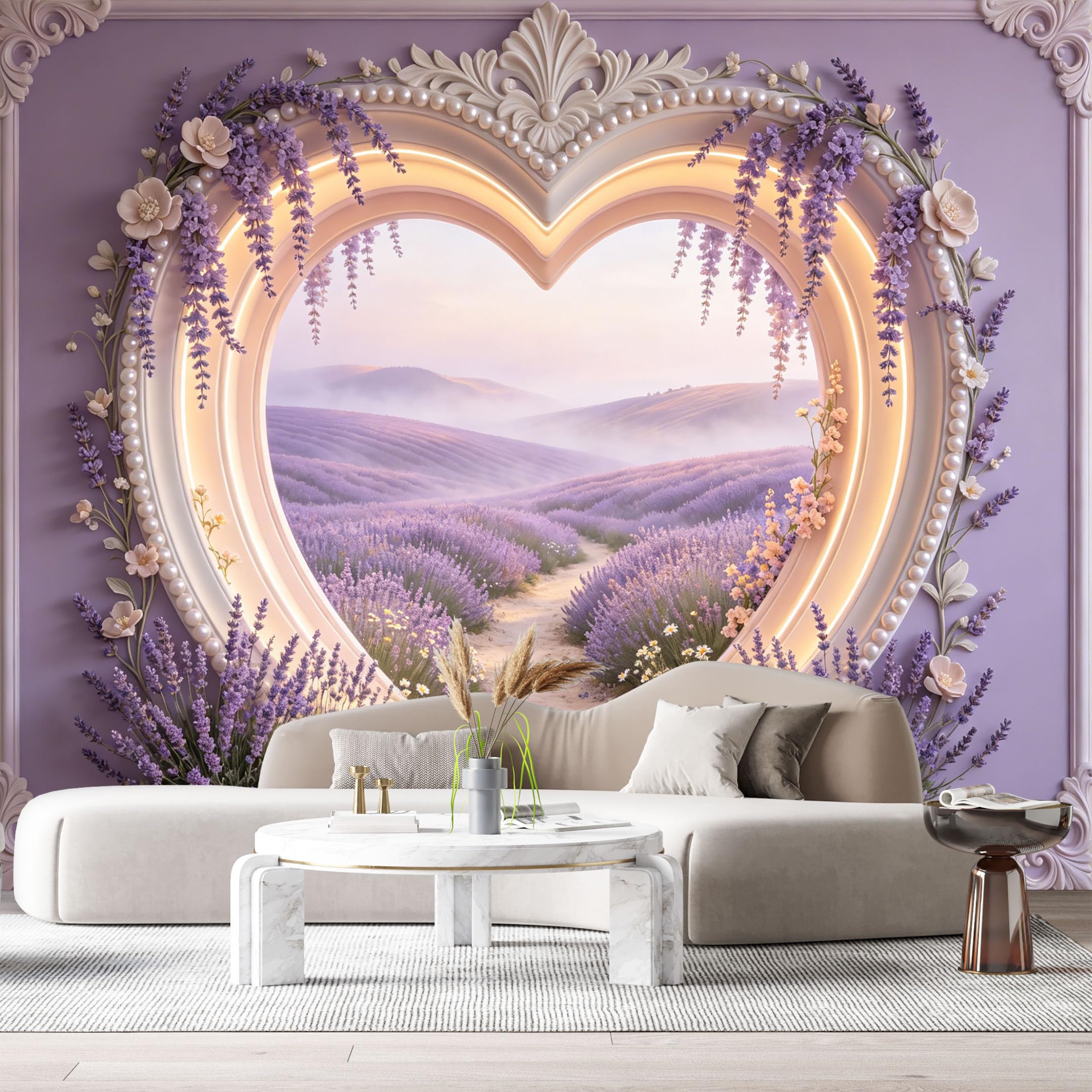 Custom Size Wall Murals Heart Lavender Field Landscape 3D Trompe L'Oeil SelfAdhesiveWall Fabric Removable Wallpaper Wall Decor for Living Room Bedroom Bathroom