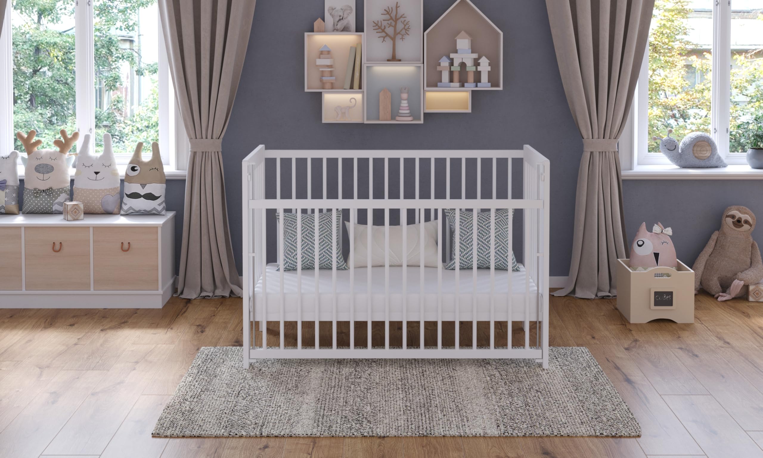Love For Sleep Lettino Neonato in Legno, Bianco 120x60 cm con Sponda Regolabile, Ruote e Barriera di Sicurezza – Culla Evolutivo per Neonato e Bambino