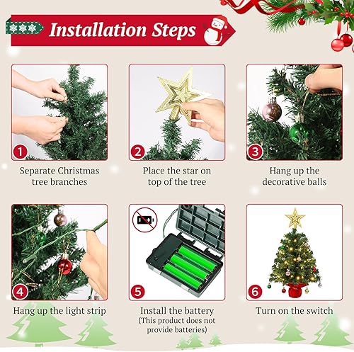 Miniatura 5 de Uten Mini Árbol de Navidad Bolas de Navidad Pequeñas 28 Piezas, Estrella de Copa del Árbol 50 LED Caja de Batería Impermeable con Base de Cemento