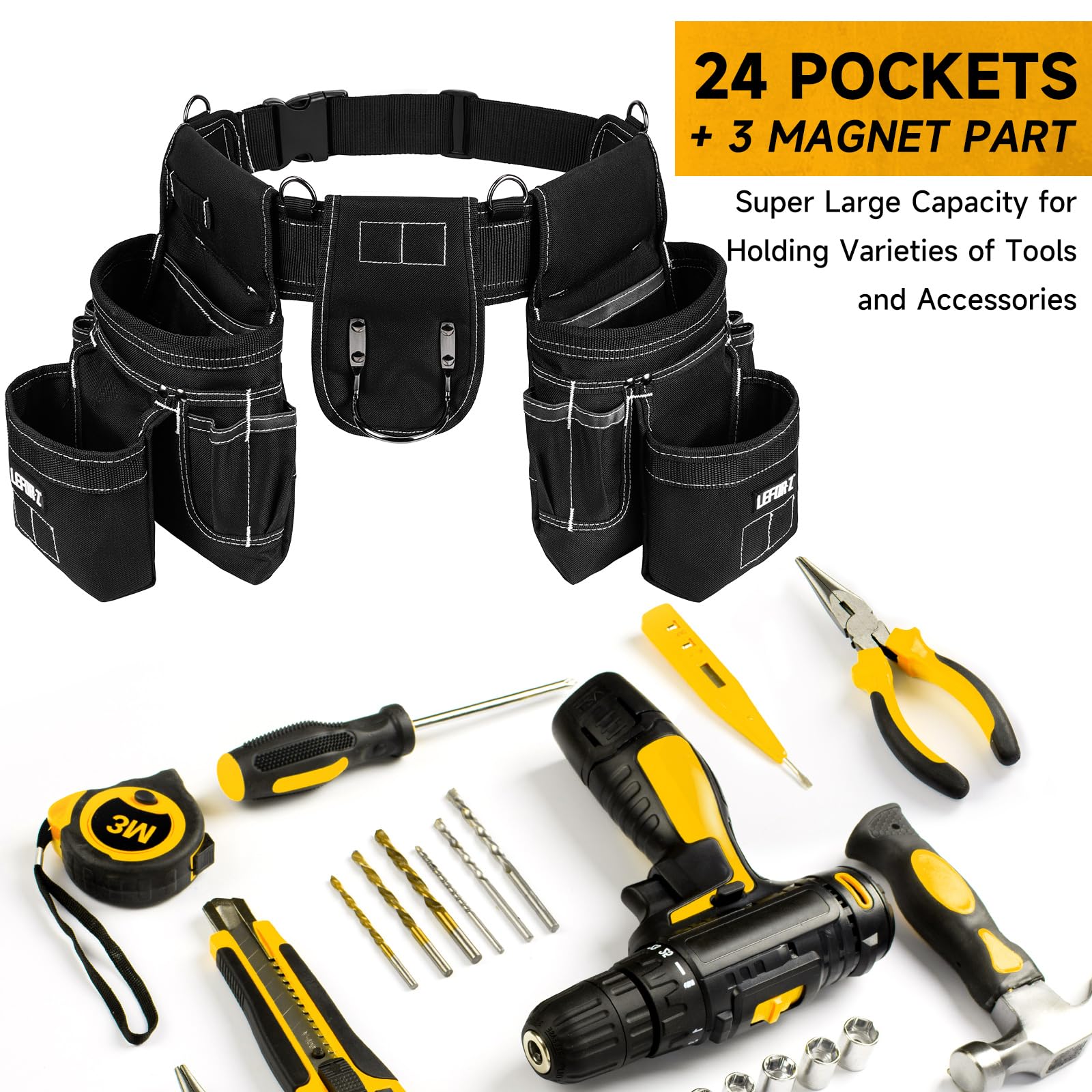Ceinture porte Outils mit 27 Poches,Ceinture à Outils,Amovible Réglable Sac à Outils Magnétique avec 4 anneaux en D,Rembourrée Robuste pour Hommes,électriciens,Charpentiers,Ouvriers du Bâtiment,Noir