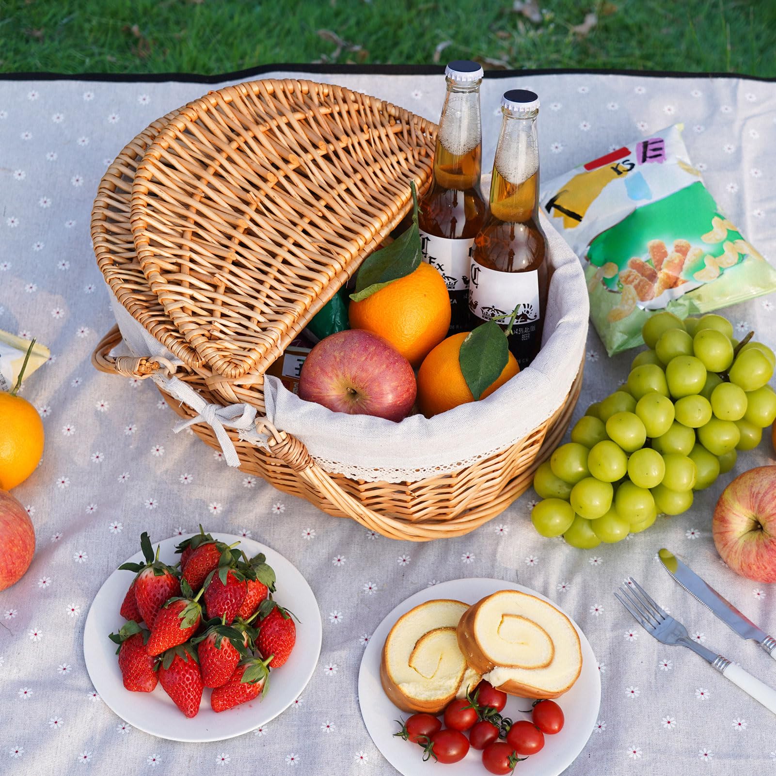 Happypicnic Cesta de picnic de mimbre con asa, cesta de picnic vacía grande de 15 pulgadas con tapa y forro extraíble, cesta vintage tejida a mano para picnics, camping, recogida de verduras, día de