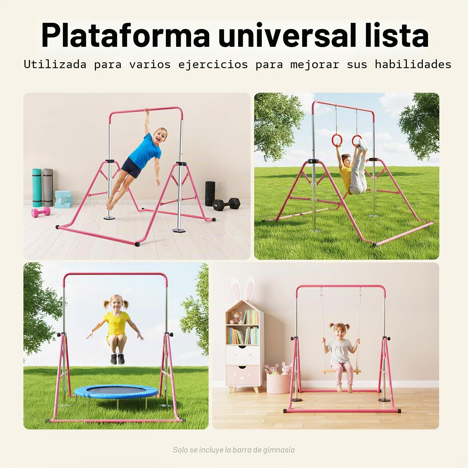 Barra de gimnasia plegable, barra de gimnasia máx. 80 kg, barra horizontal de 115 – 155 cm, altura ajustable, para personas con un peso inferior a 220 libras, rosa