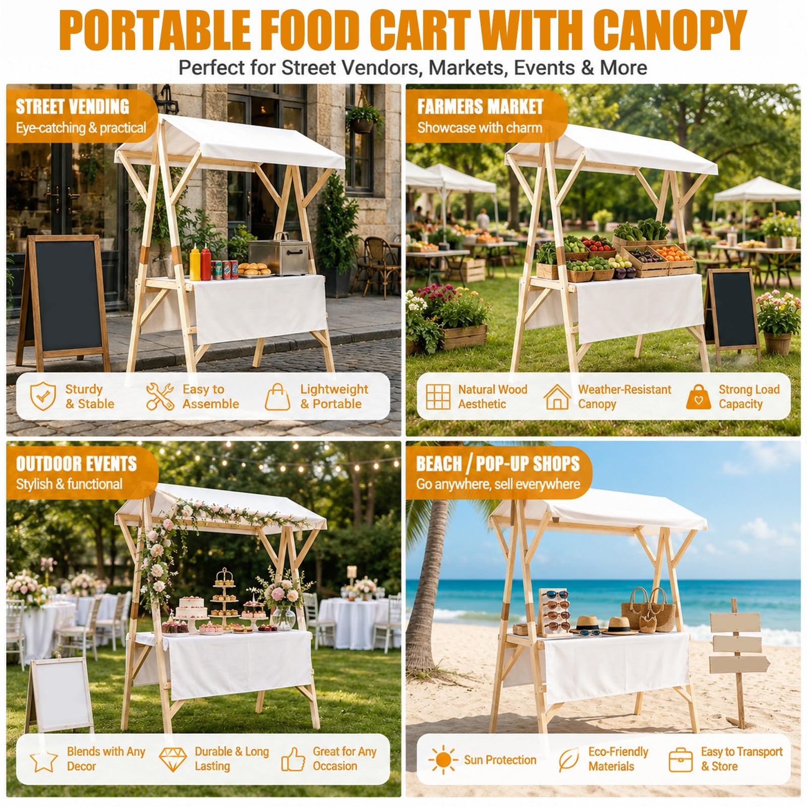 HARELA Genérico Puesto De Mercado con Toldo, Carrito de Comida callejera de Madera, Puestos Plegables, para Venta De Alimentos, Puestos Callejeros, Ferias De Artesanía(Green B,150cm/59in)