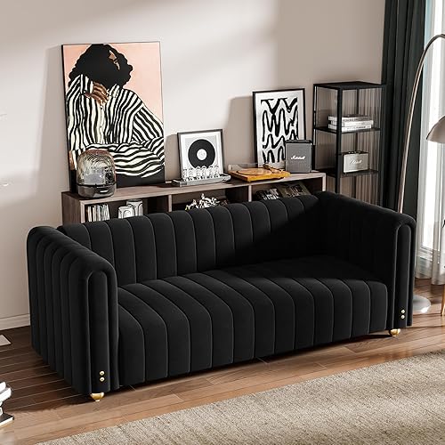 Miniatura 7 de Sofá de terciopelo negro de 81.3 pulgadas con patas de bola de metal dorado, moderno sofá de 3 plazas de gran tamaño de mediados de siglo, cómodos