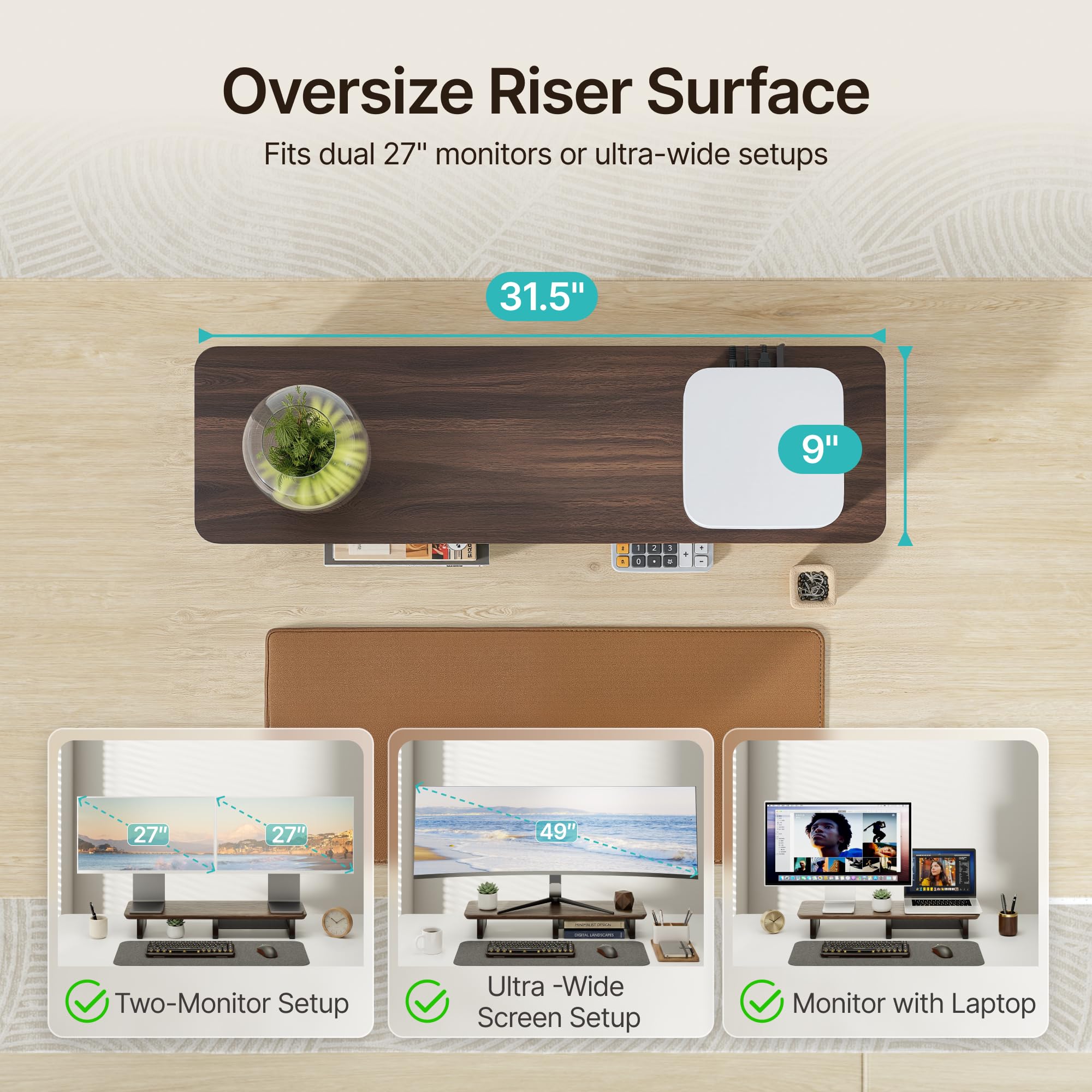 PEGZONE Rialzo per doppio monitor con ripiano in metallo integrato, grande ripiano da scrivania in legno di noce per 2 monitor/TV, ampio supporto per monitor lungo per scrivania, supporto per monitor