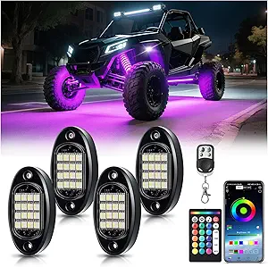 4 Pods RGBW LED Rock Lights for ATV UTV Golf Cart RZR SXS Truck Pickup Offroad SUV, Waterproof Multicolor Underglow Kit for Car with APP/RF Remote Control Sync Music Neon Underbody Accent Lights 12V