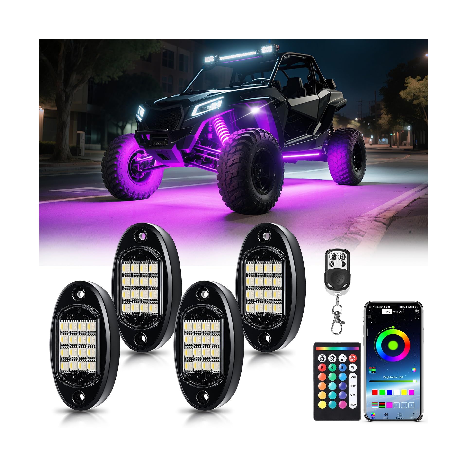 RGBW LED Rock Lights Kit, 4 Pods Rock Lights for ATV UTV RZR SXS Golf Cart Truck Offroad, Waterproof 6500K Pure White &amp; RGB Underglow Kit with APP Remote Control Music Neon Vehicle Underbody Light 12V