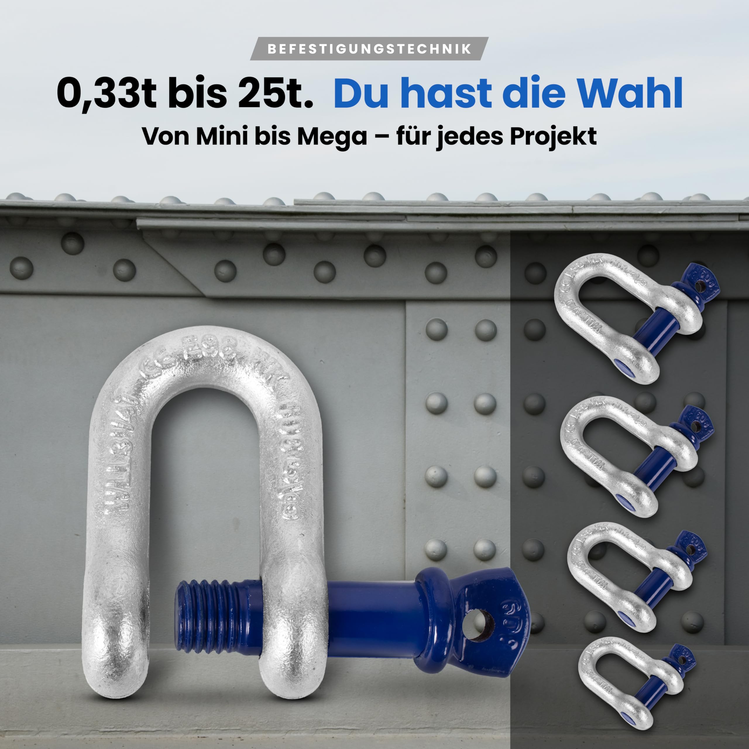 Schäkel gerade mit Augbolzen – 3,25t Tragkraft – 2 Stück – Stahl feuerverzinkt, korrosionsbeständig – Bolzen Ø 19mm – zertifiziert & hochbelastbar – Größe & Menge wählbar – 0,33t bis 25t (3,25t,2x)