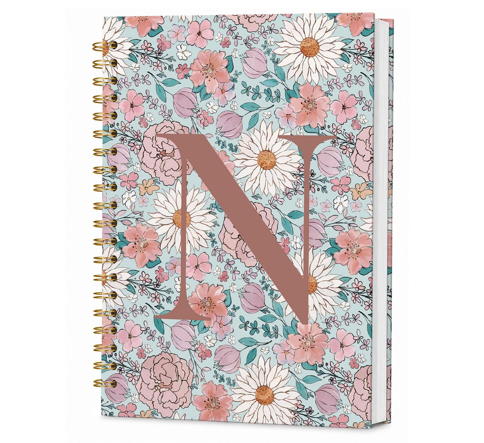 KDHTY Initial N Journal - Cuaderno personalizado en espiral, regalo de flores vintage, cuaderno monogramado para mujeres, adolescentes, niñas, cuaderno de espiral de tapa dura con rayas