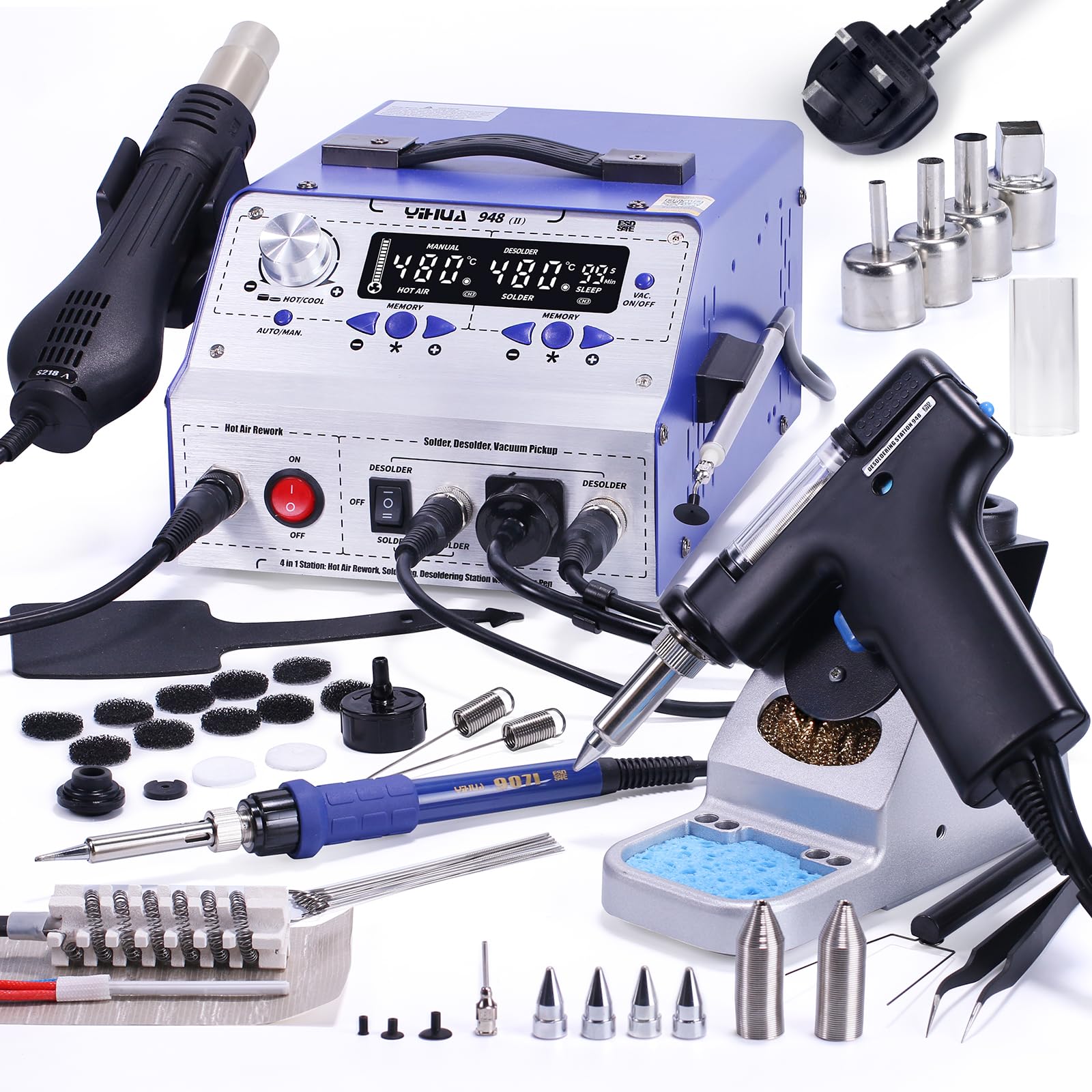 948-II Desoldering Station SMD Hot Air Rework Station Soldering Iron Station Suction IC Extractor 4-in-1 with 3 User Channels, AUTO/Manual Modes, Calibration Function(UK Plug)