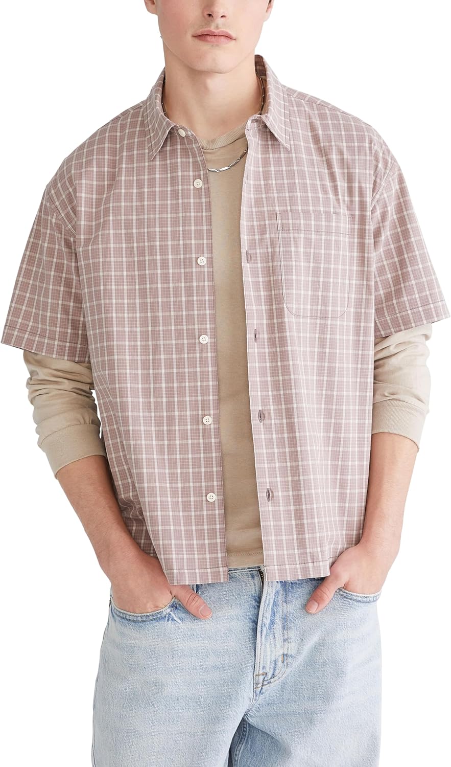 Aeropostale Men's Short Sleeve Micro Plaid Boxy Shirt