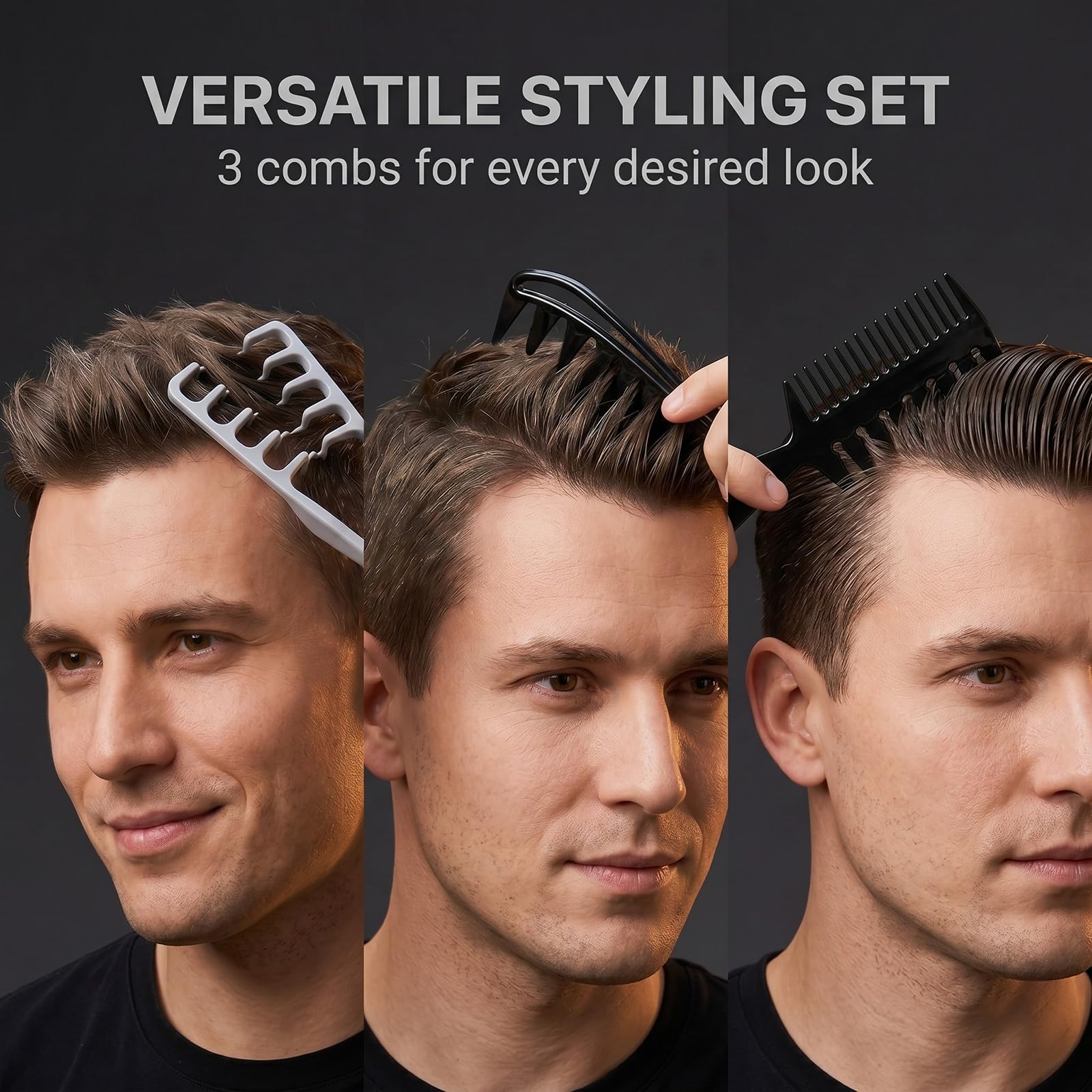 Pettine Uomo Set 3 Pezzi per Styling e Volume: Denti Larghi e Texture per Ciuffo Graffiato, Capelli Mossi e Ricci, Kit Professionale Nero Grigio