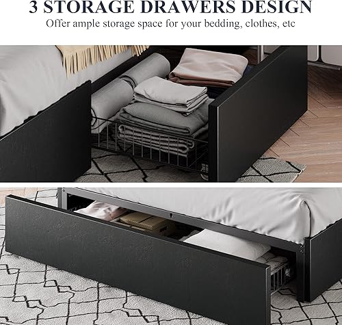Miniatura 19 de Allewie Base de cama de plataforma de tamaño matrimonial con 3 cajones de almacenamiento, tapizada de tela, soporte de listones de madera, no Cuero