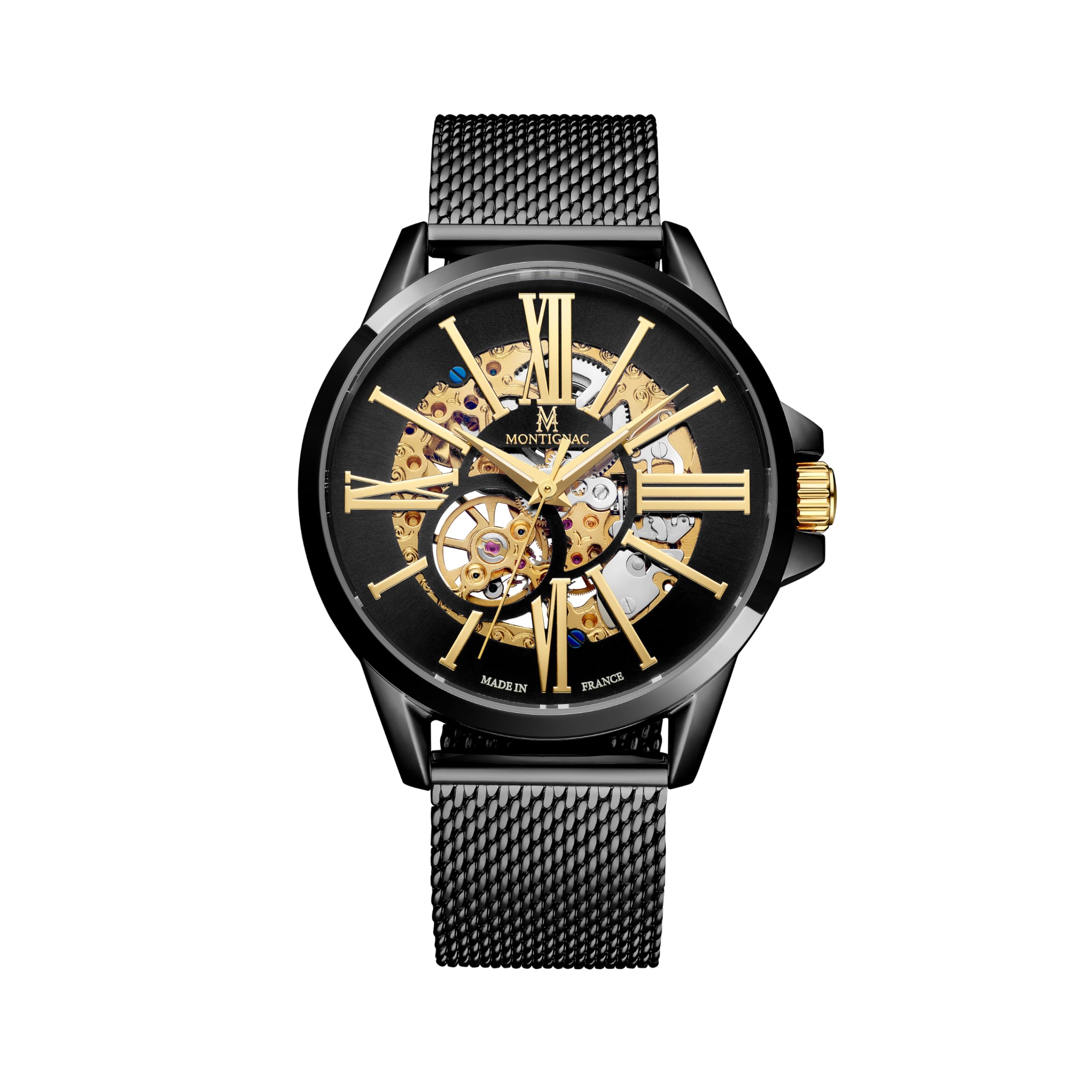 Montignac – Montre Automatique Homme – Cadran Squelette Noir – Index Dorés Romains, Bâtons – Bracelet Maille Milanaise – Boîtier Acier 42 mm – Étanchéité 5 ATM – Style Élégant - MOW405