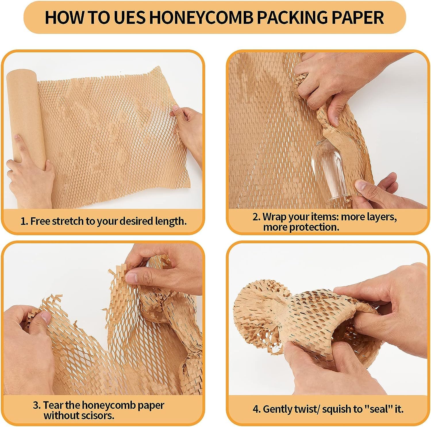 Papel de embalaje de panal, rollo de papel de burbujas de 15 x 300 pies para mudanzas, envíos, regalos de embalaje rompibles con 20 calcomanías frágiles biodegradables y totalmente reciclables, papel