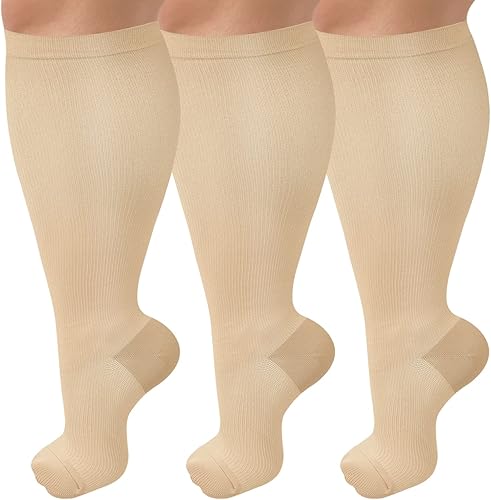 Paquete de 3 calcetines de compresión de talla grande para mujeres y hombres, medias extra anchas hasta la rodilla para soporte de circulación