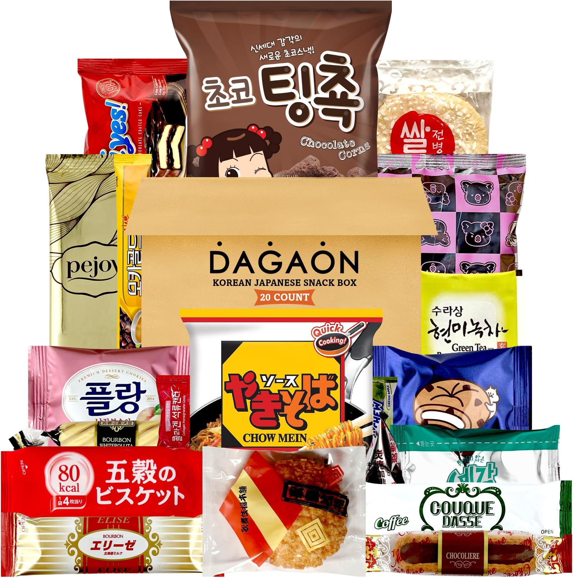 Korean Japanese Snack Box 20 Count - Collection of Snacks Including Ramen, Biscuits, Cookies, Pies, Crackers, Chips, Candies and Much More from Japan and Korea. Dagashi Assortments Set.