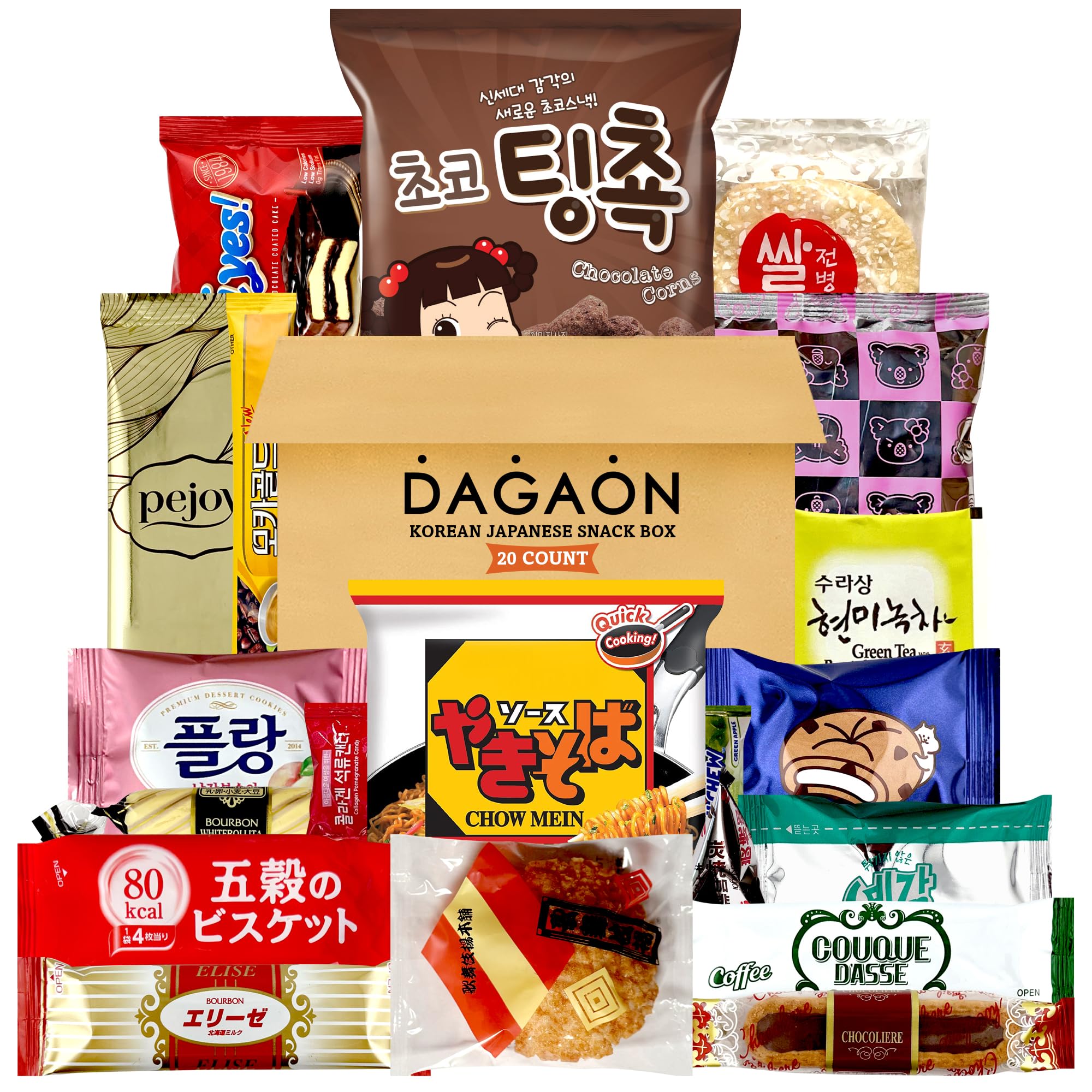 Korean Japanese Snack Box 20 Count - Collection of Snacks Including Ramen, Biscuits, Cookies, Pies, Crackers, Chips, Candies and Much More from Japan and Korea. Dagashi Assortments Set.