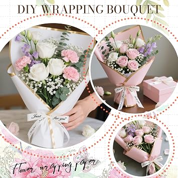 wlertcop Flower Bouquet Wrapping Paper, Waterproof Flower Wrapping Paper | 20 Sheets Flowers Gift Wrapping Papers with Rolls Ribbons for DIY Crafts,Flowers Shop Bouquet Packaging(PinkWhite)