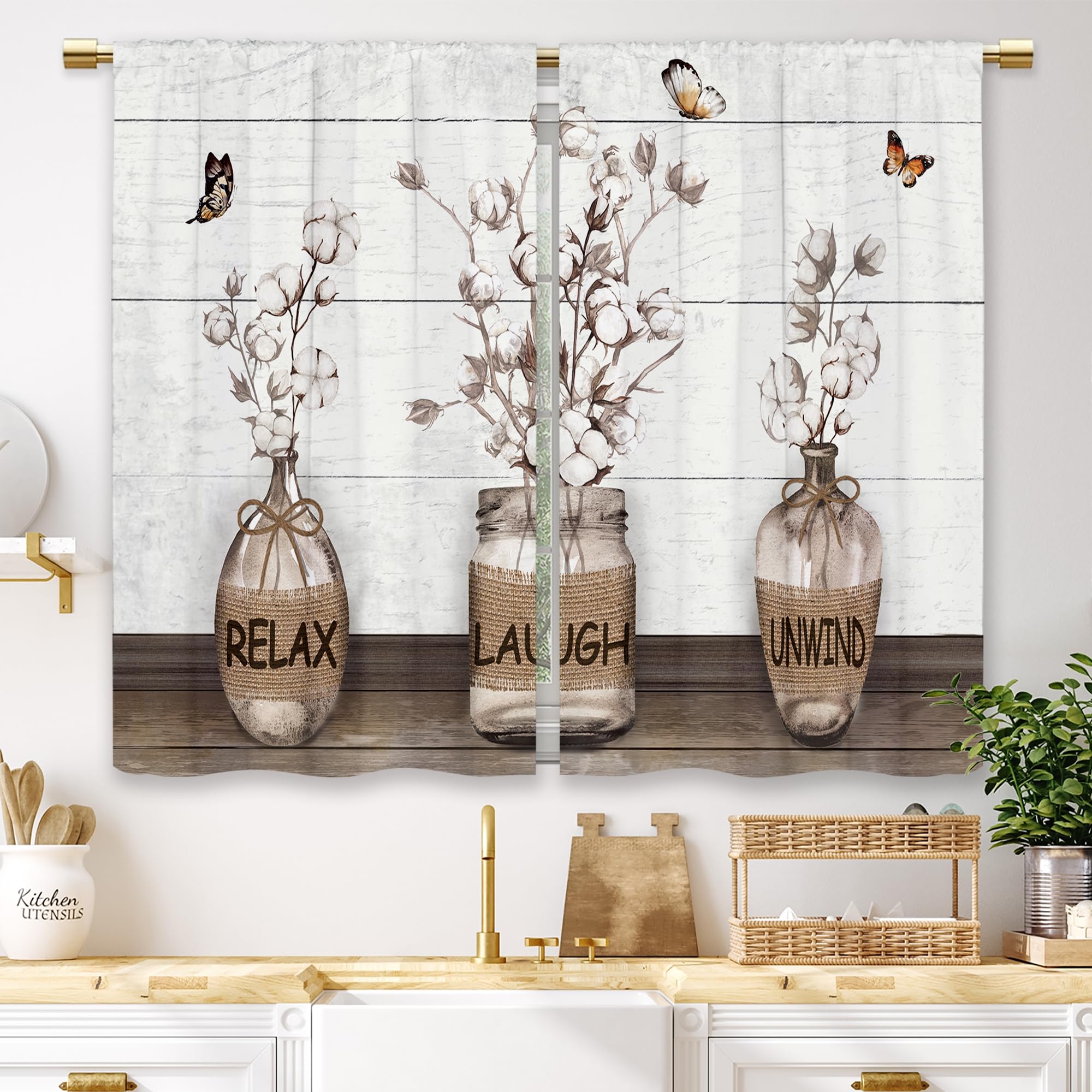 Laifzere Rustic Farmhouse Short Kitchen Curtains, Farmhouse Vintage Vintage Rod Pocket Bathroom Window Curtains Cotton Wood Boards Pattern Brown (27.5x39 Inch, 2 Pcs) โ image 1