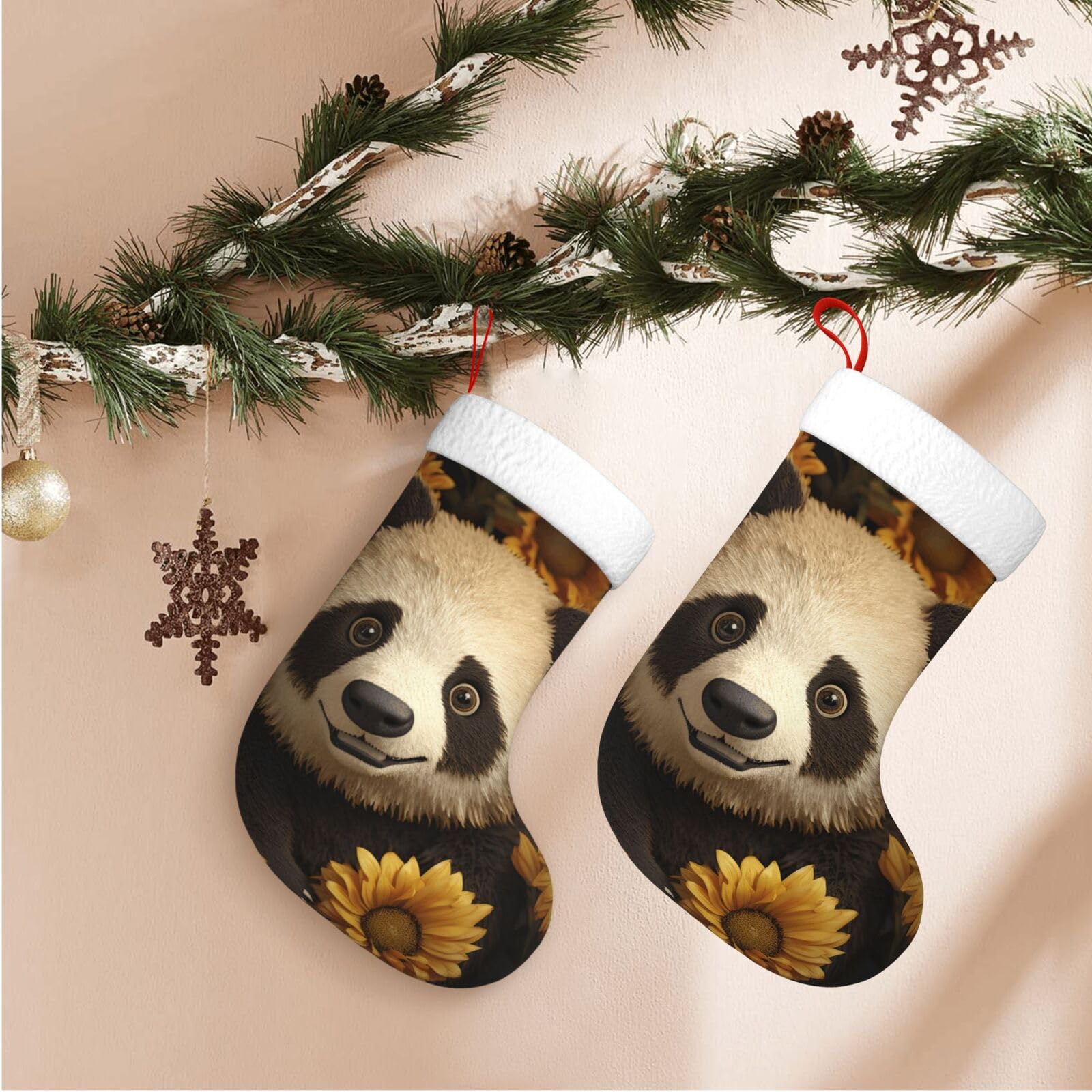 17.7" Christmas Stocking 1 Piece, Cute Animal Sunflower Xmas Stockings with White Plush Cuff Fireplace Hanging Stocking for Christmas Holiday Party Decoration