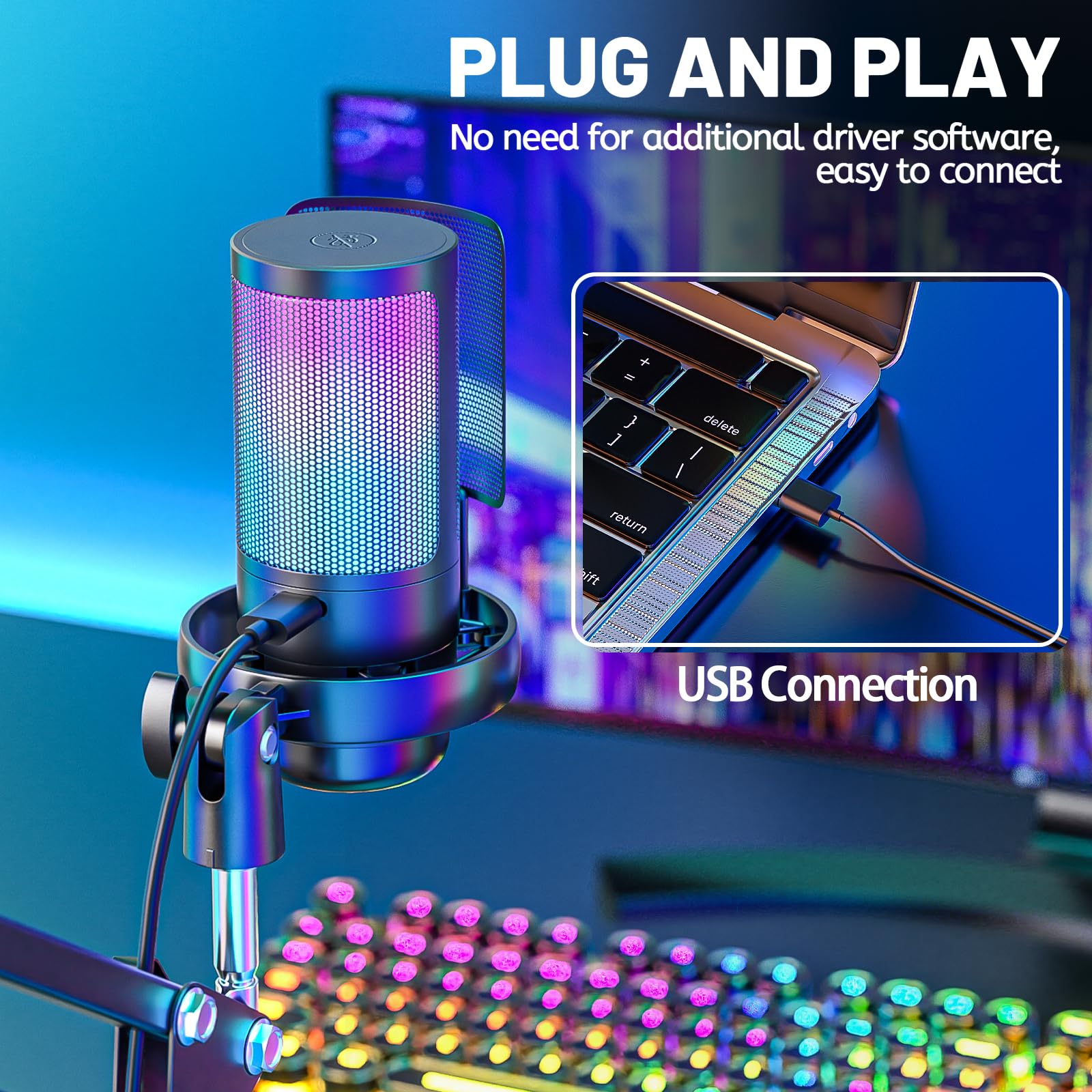 Anykuu Microfono a Condensatore RGB 7 Colori Plug & Play Microfono Cardioide 192kHz/24-Bit Kit Microfono USB con Filtro Anti-Pop e Supporto Antiurto per PC Gaming Mac YouTube