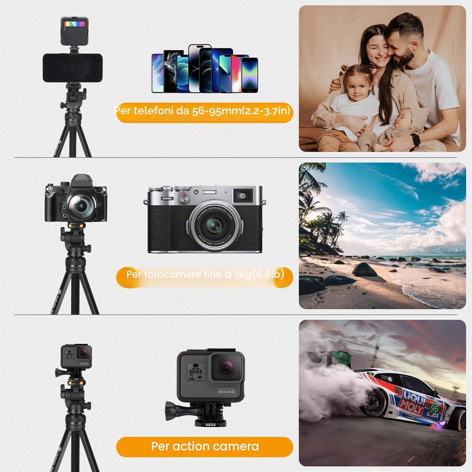 TARION Treppiede Portatile per Smartphone e Fotocamera: Treppiede Fotocamera da Viaggio Leggero con Testa Rimovibile e Morsetto per Telefono e DSLR