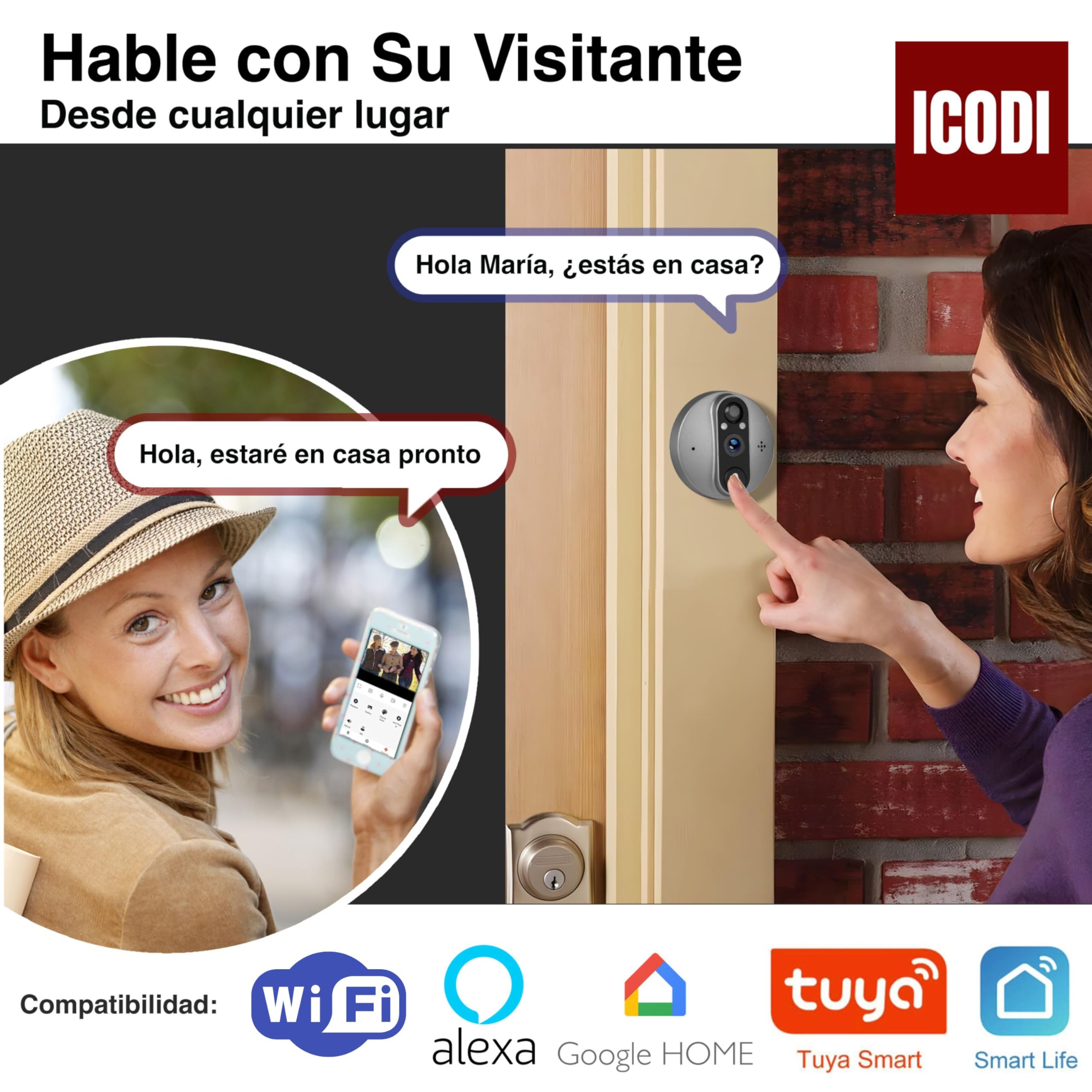 ICODI Mirilla Digital Puerta WiFi Grabadora, Pack Premium 3MP Super-HD, Pantalla 4.3", 5200 mAh, Sin Suscripción ni Cuotas, con MicroSD de 32GB, Alexa/Google Home, hasta 4 Dispositivos, App TuyaSmart