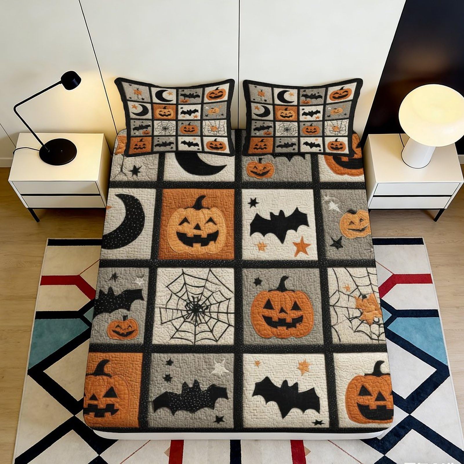 3D Printed Halloween Pumpkin Fitted Sheet Microfiber Soft Washable Bat Spider Mattress Cover for Bedroom Dorm Decor 90x200x25cm