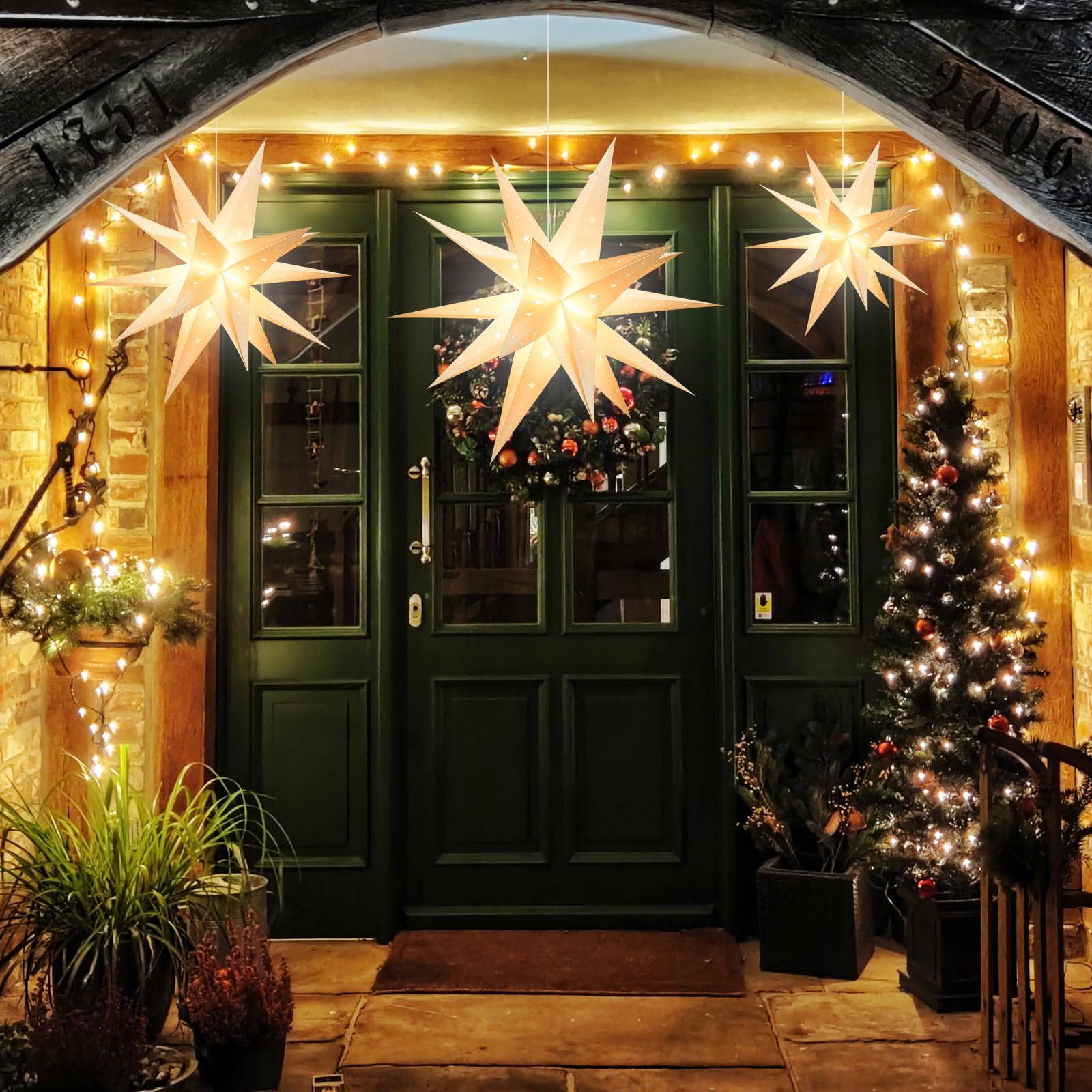 Luz para exteriores con diseño de estrella moravia de 23 pulgadas con temporizador, estrella de Navidad de PVC 3D blanco cálido IP44, decoración colgante impermeable para porche, jardín, boda