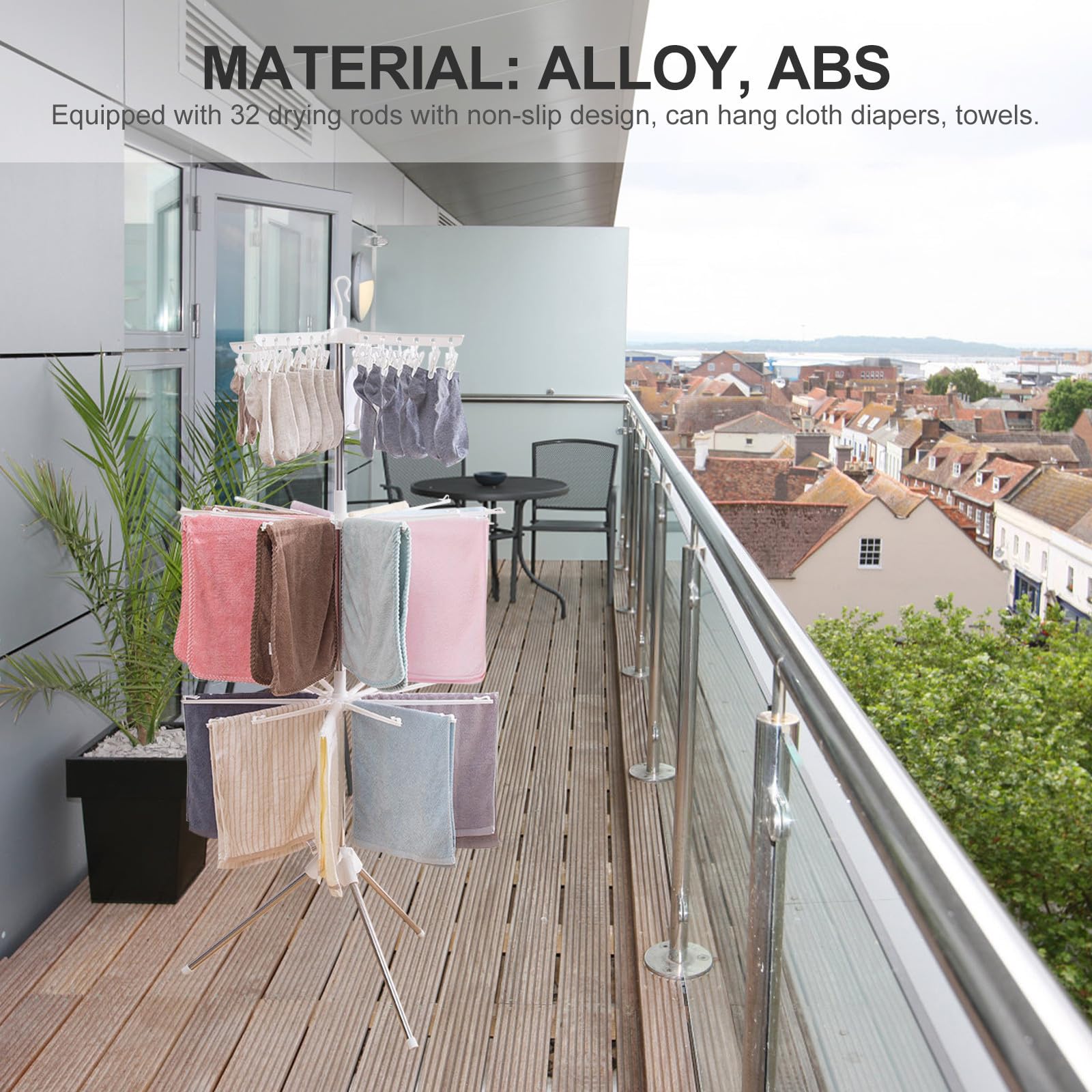 Housoutil Tendedero de Ropa Giratorio Plegable para Ropa al Aire 32 Varillas Aleación y Abs Blanco Diseño 360° Antideslizante y Antiviento para Pañales y Toallas Secado Natural al Aire