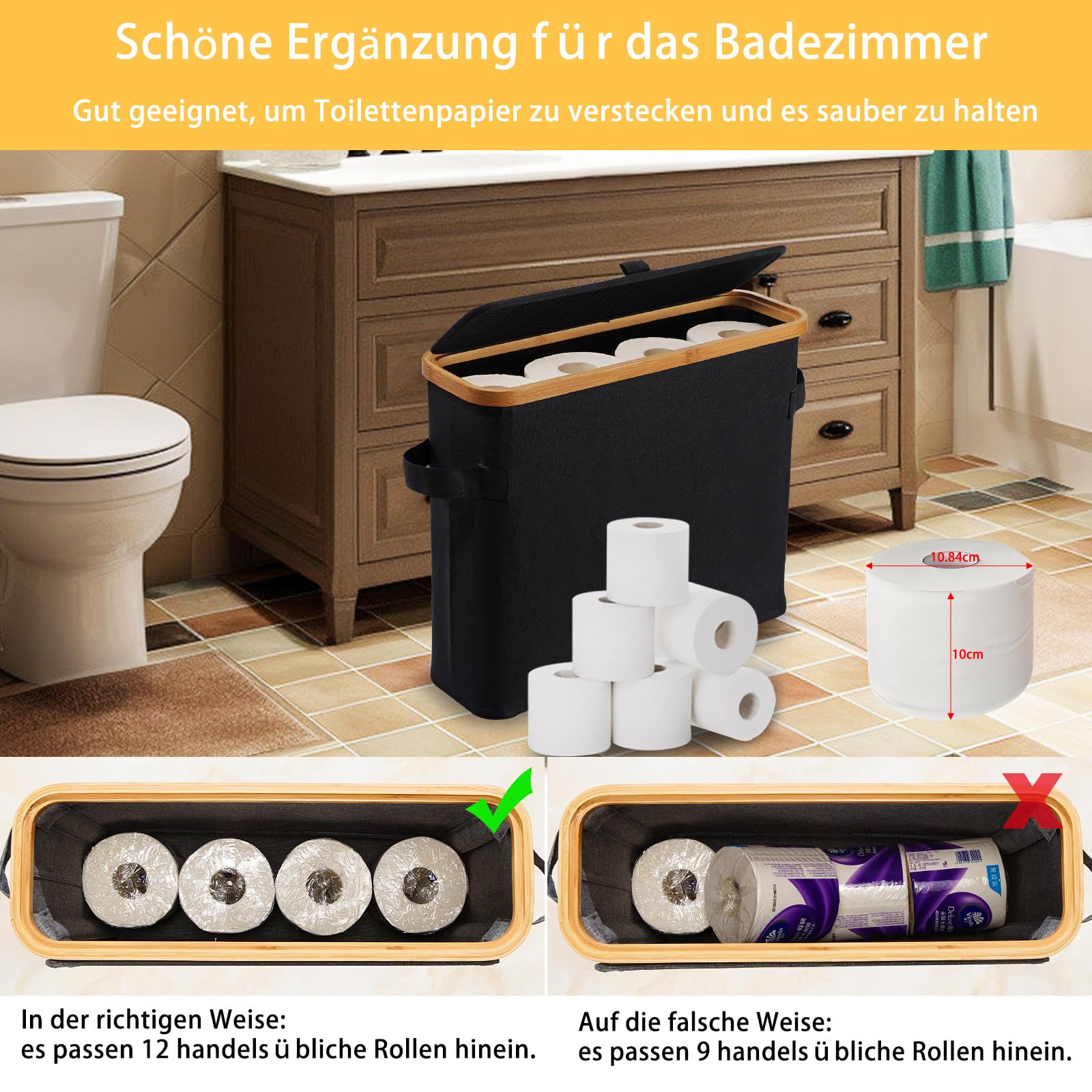 Toilettenpapier Aufbewahrung Korb mit Deckel aus Bambus, Toilettenpapier Stehend Klopapier Aufbewahrung Box Bad WC-Papier Badezimmer Organizer, Ersatzrollenhalter Behälter Aufbewahrungsbox, Schwarz Küche, Haushalt & Wohnen