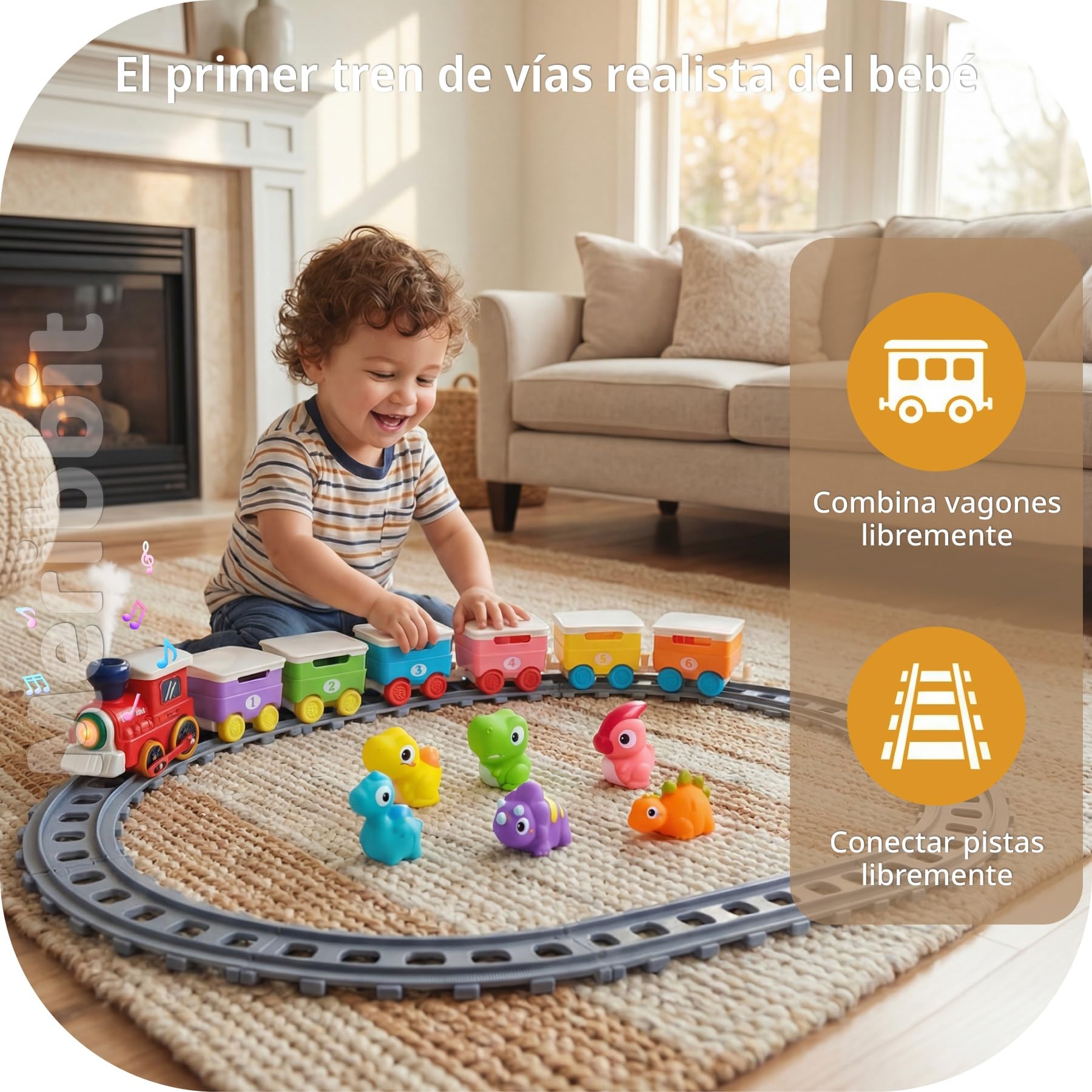 Tren con Vías, Luces y Efecto Vapor, Marionetas de Dedo Dinosaurio, Juguetes Montessori Sensoriales, Juego Educativo para Niños de 2 Años, Regalo 1-3 Años - 3