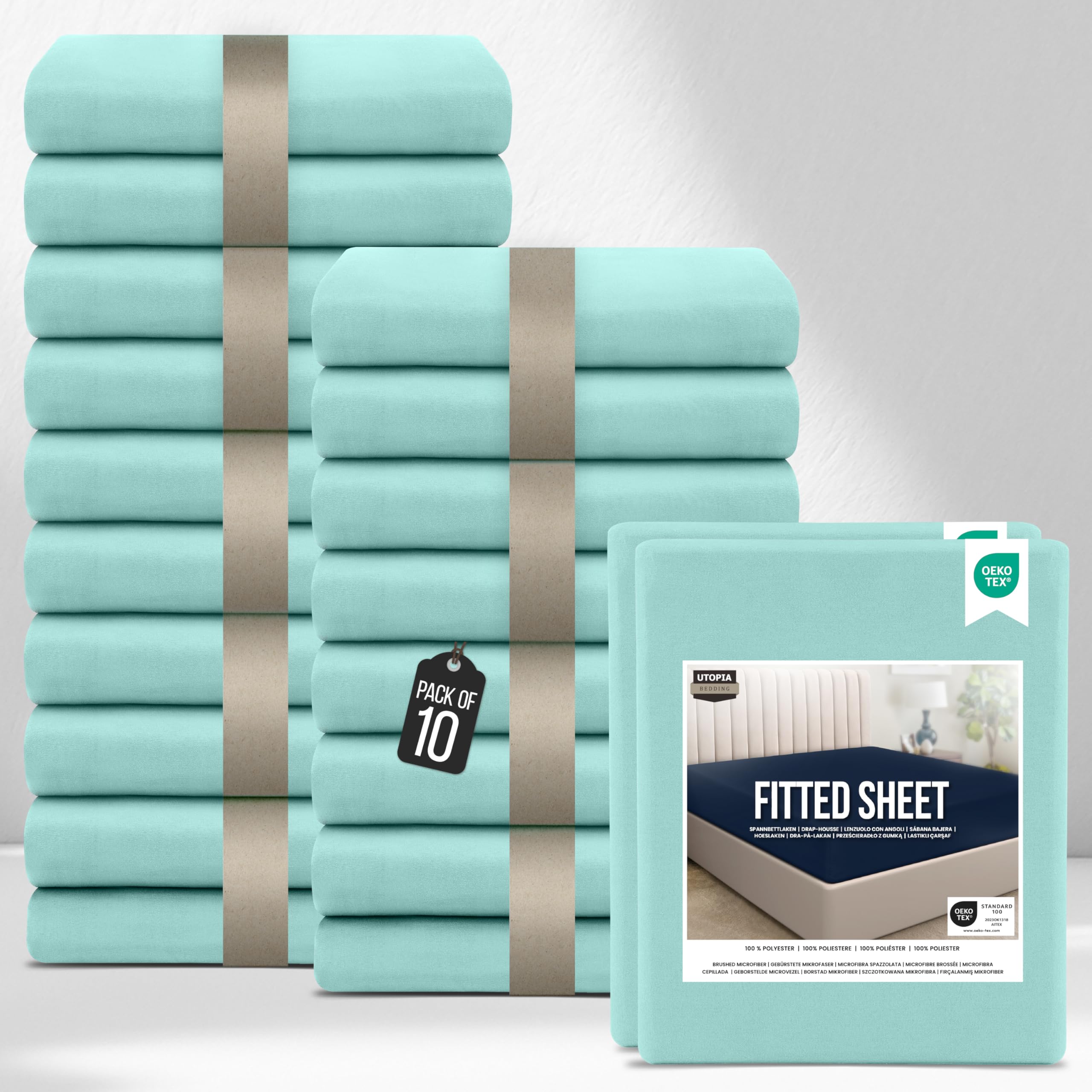 Utopia Bedding Fitted Sheet Single (Bulk Pack of 20), Spa blue - Deep Pocket 14 inch (35 cm) - Easy Care - Soft Brushed Microfibre Fabric - Shrinkage and Fade Resistant - Bottom Sheet