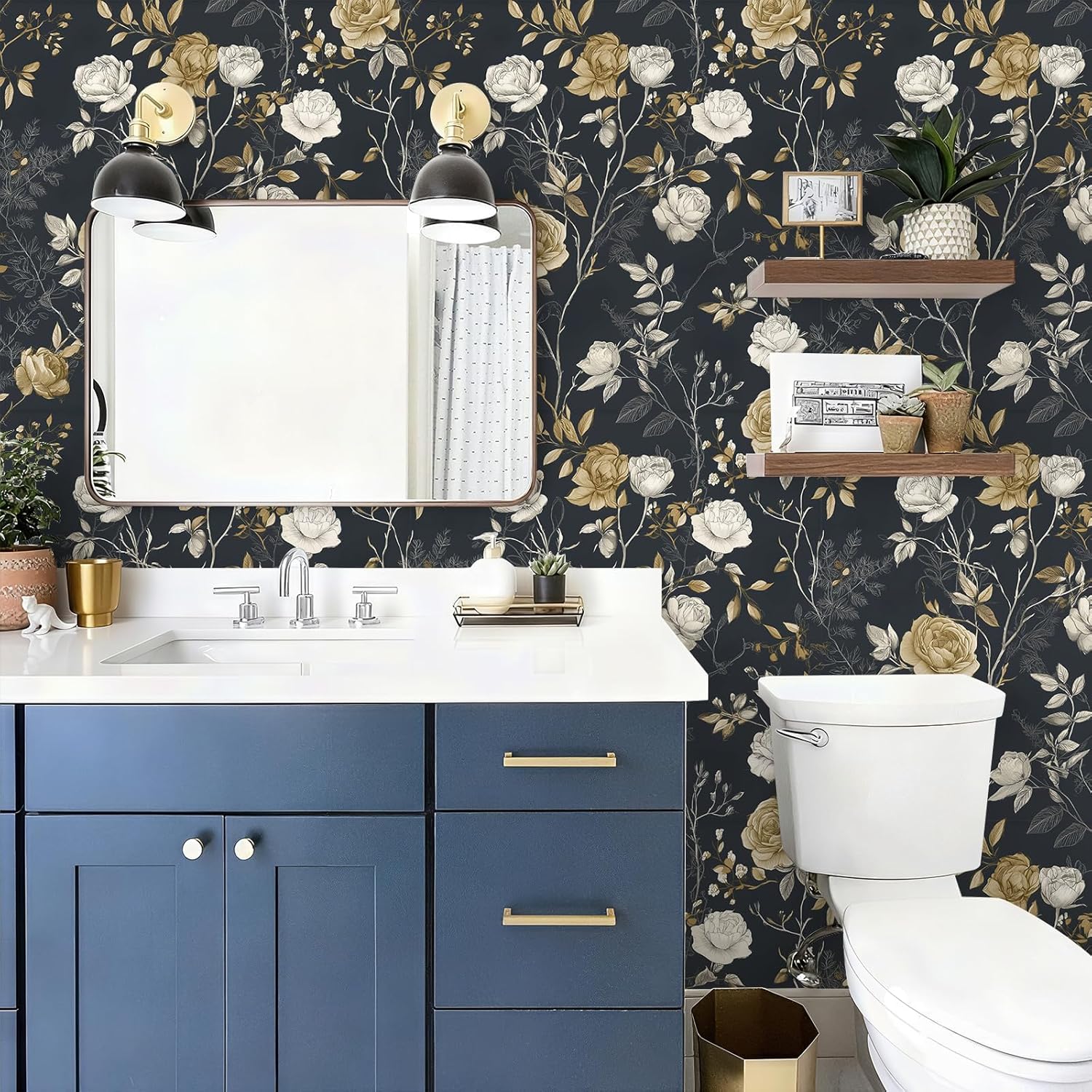 Vintage Hand-Drawn Rose Wallpaper Peel and Stick Removable 17.7" x 236.22" Delicate Leaf Twigs Botanical Wall Paper Self Adhesive for Classroom Bedroom Laundry Room Bathroom
